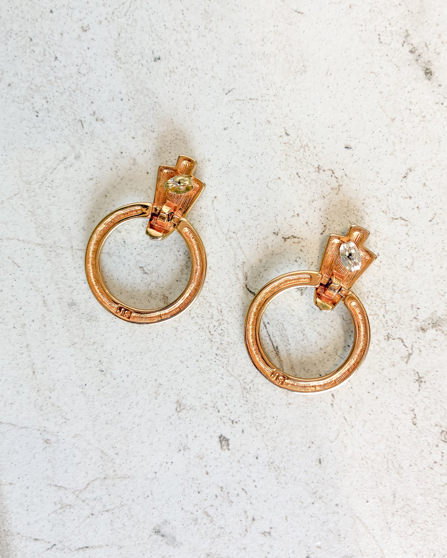 Vintage Signed Gold Tone Green Enamel Door Knocker Earrings