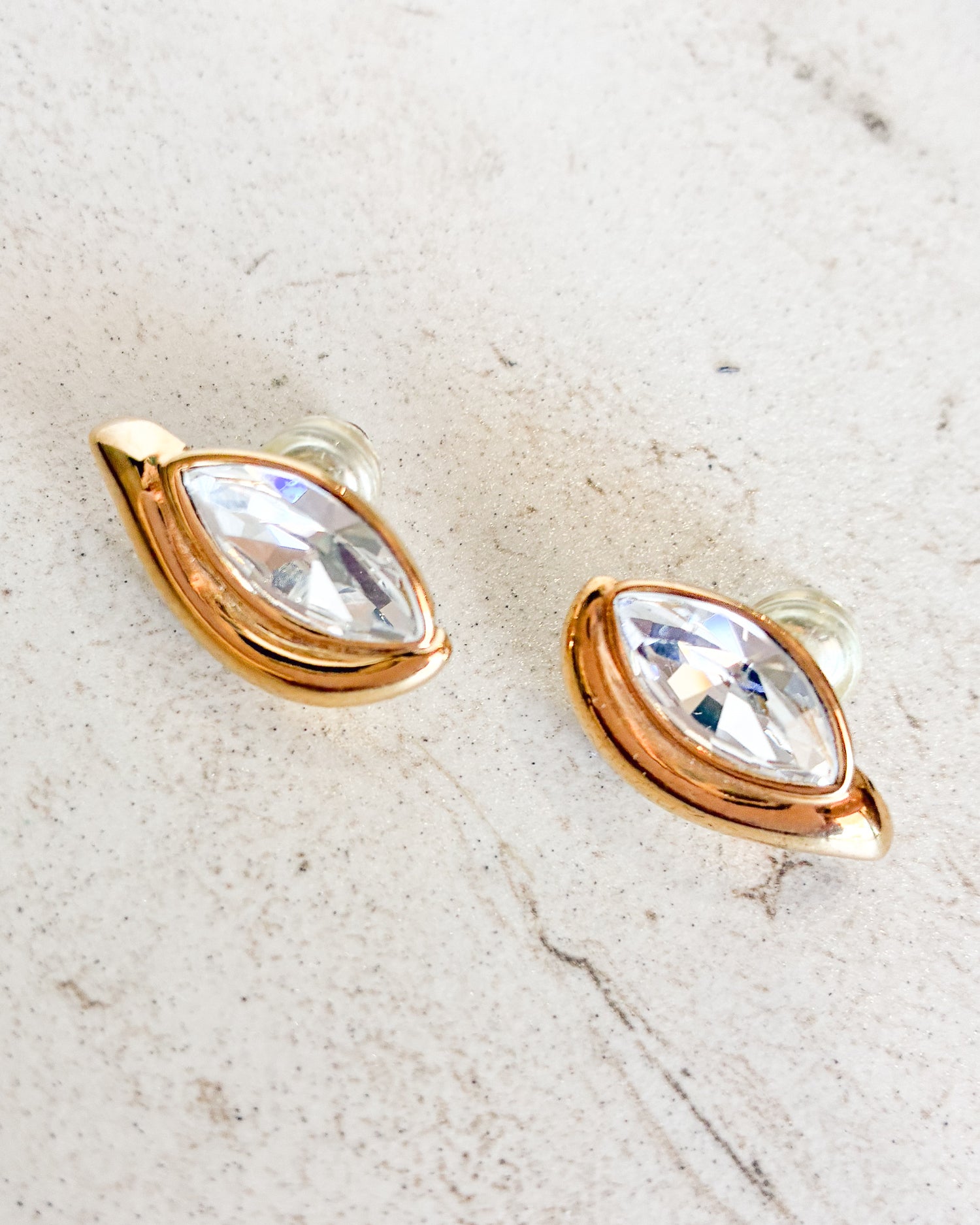 Vintage Signed Crystal Gold Pierced Earrings