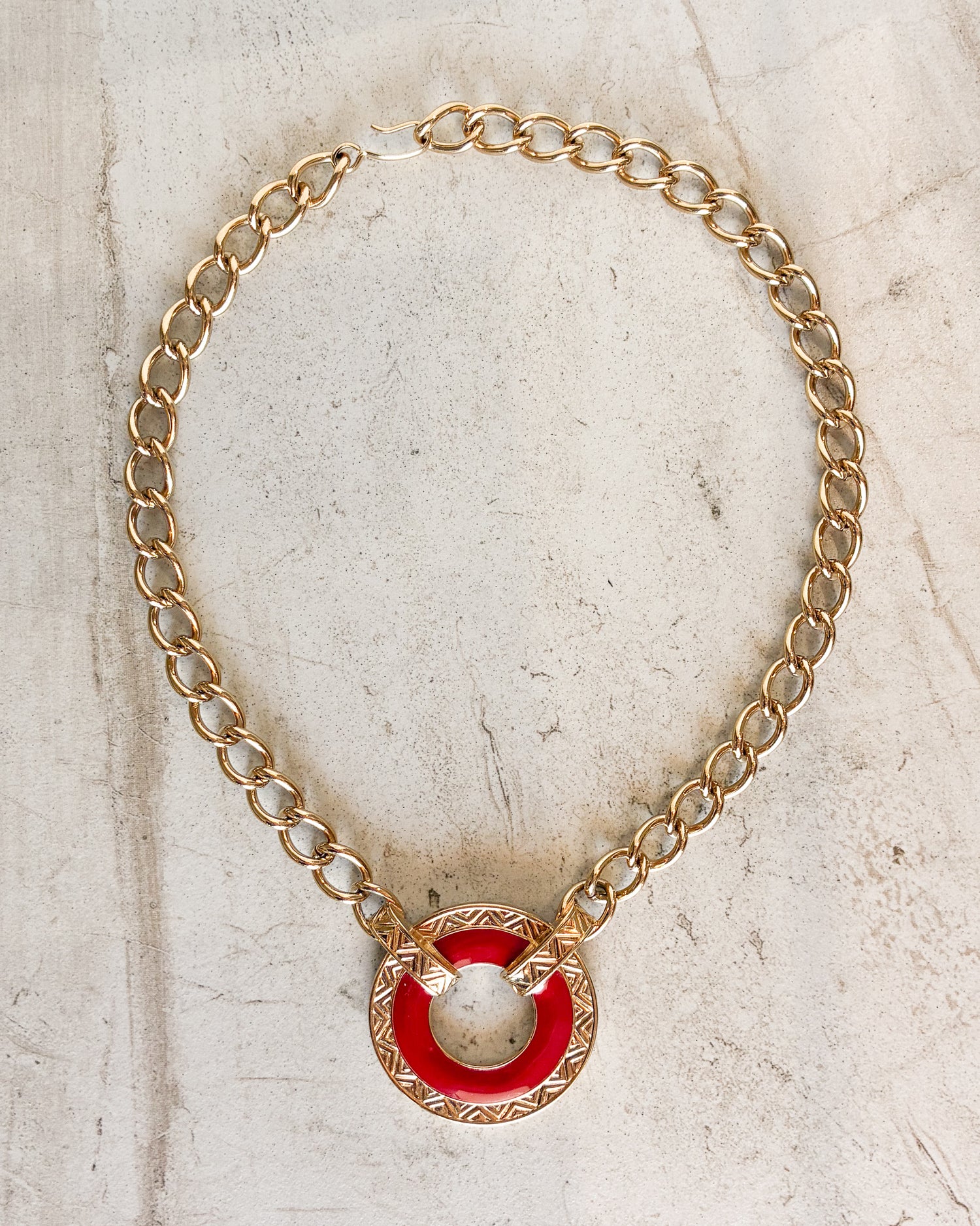 Vintage Signed Gold Tone Chain Red Enamel Necklace