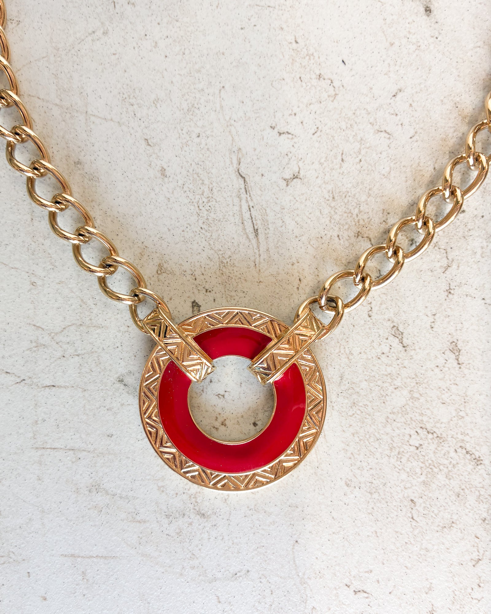 Vintage Signed Gold Tone Chain Red Enamel Necklace