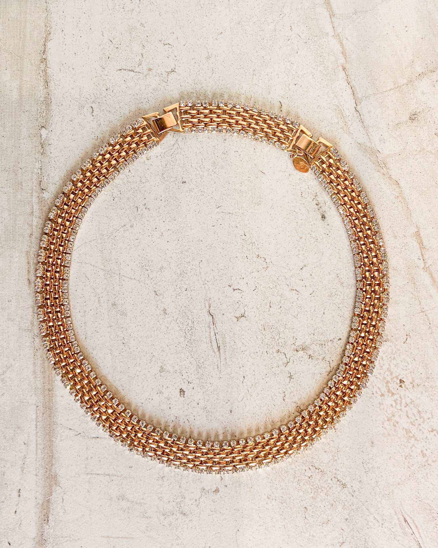 Vintage Gold Tone Rhinestone Oval Link Necklace with Adjustable Attachment
