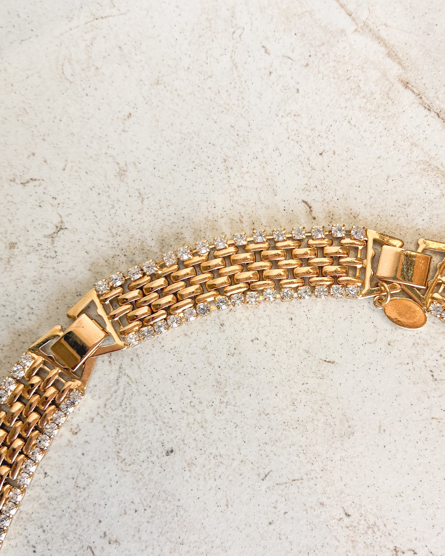 Vintage Gold Tone Rhinestone Oval Link Necklace with Adjustable Attachment