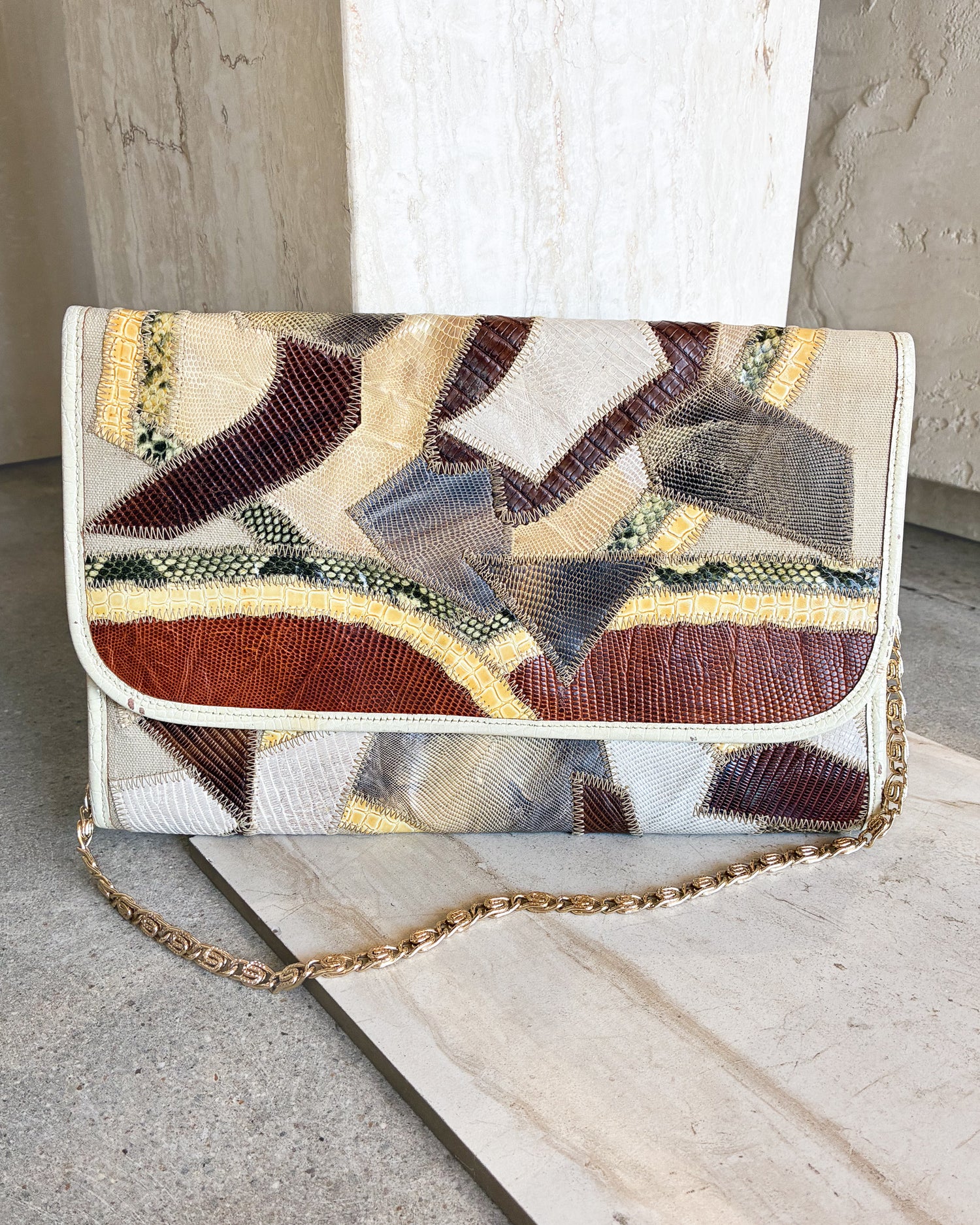 Vintage Leather Python Snakeskin Patchwork With Gold Chain Clutch