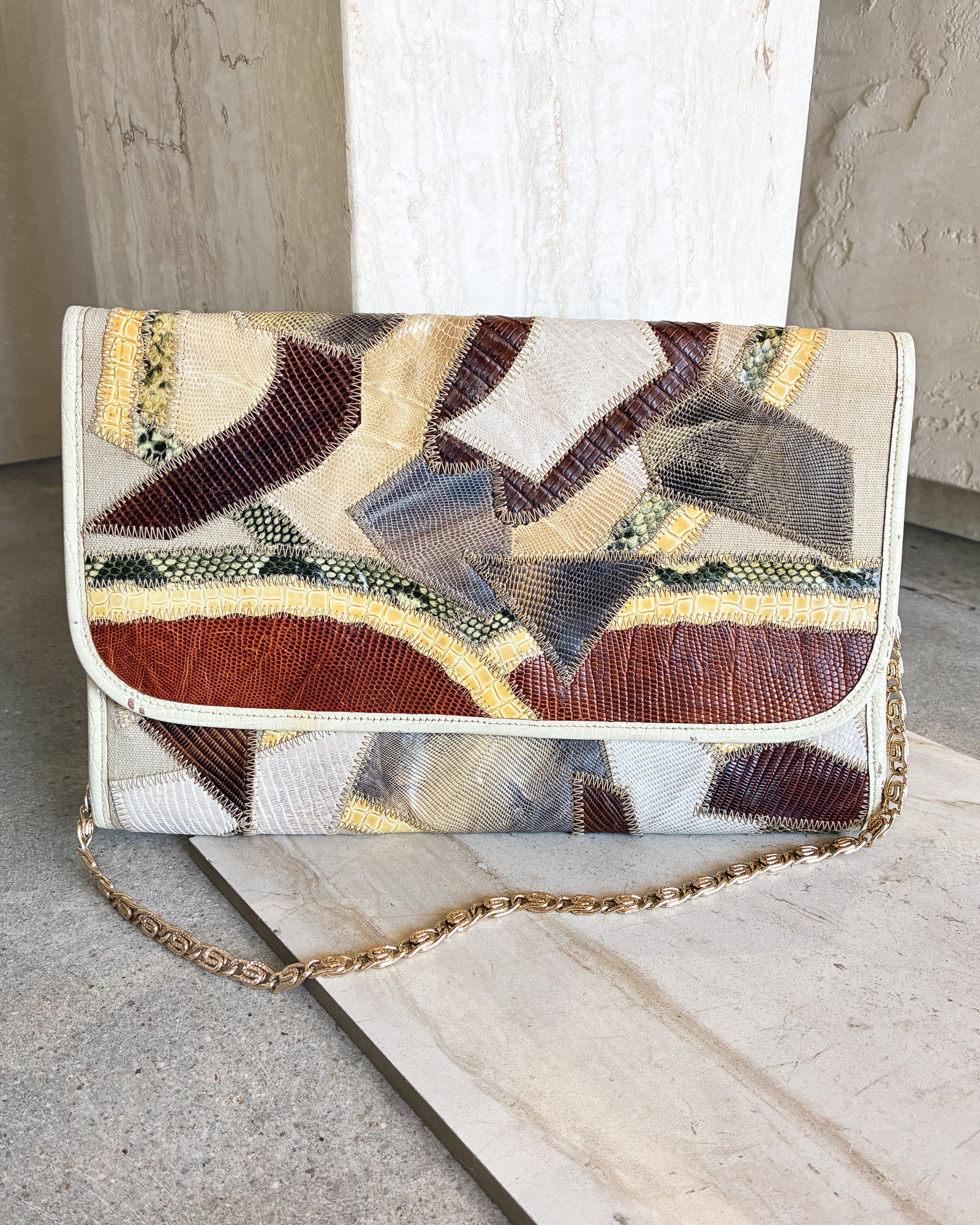 Vintage Leather Python Snakeskin Patchwork With Gold Chain Clutch