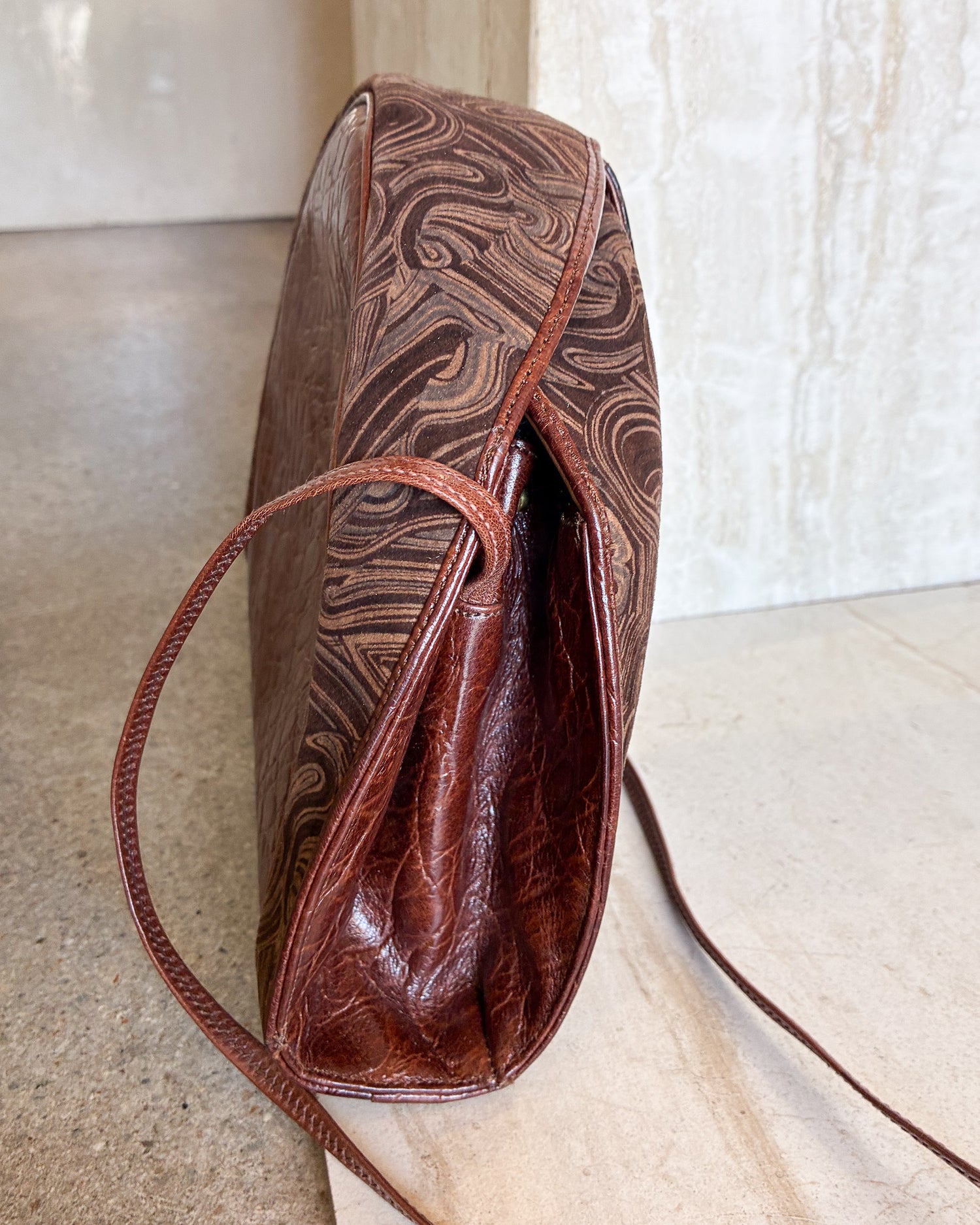 Vintage Brown Embossed Leather Reptile Shoulder Crossbody Bag