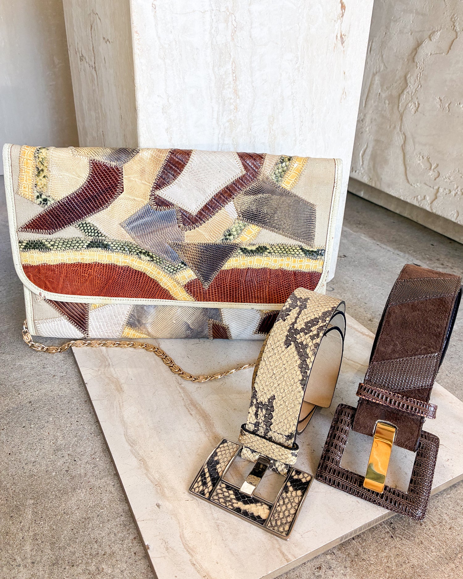 Vintage Leather Python Snakeskin Patchwork With Gold Chain Clutch