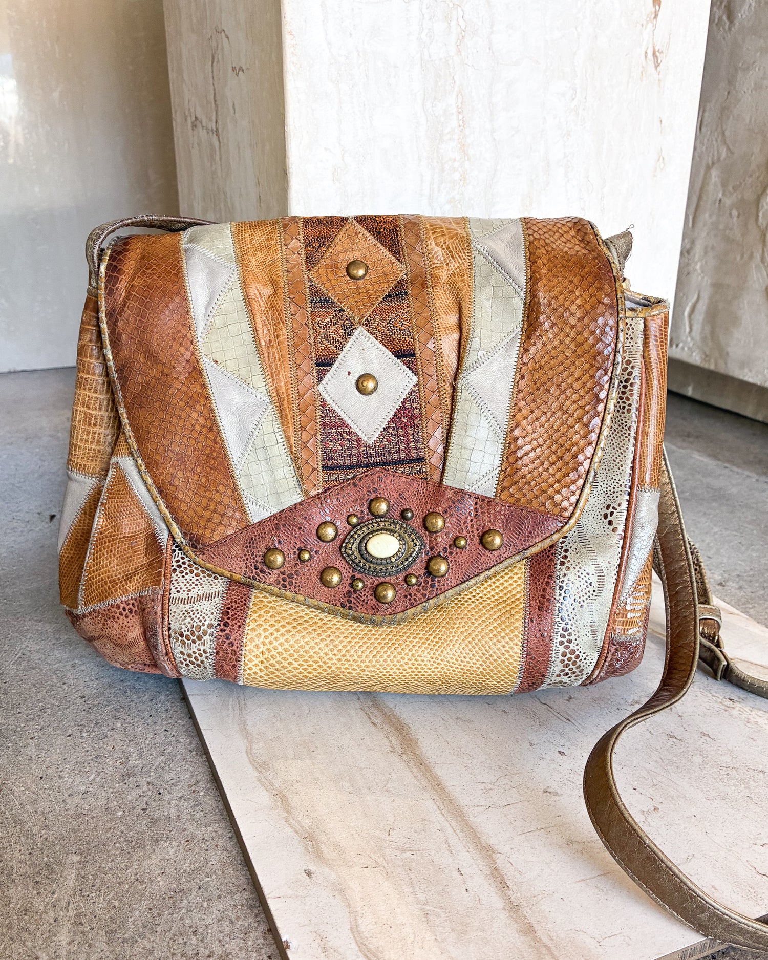 Vintage Tan Multicolor Patchwork Leather Shoulder Bag