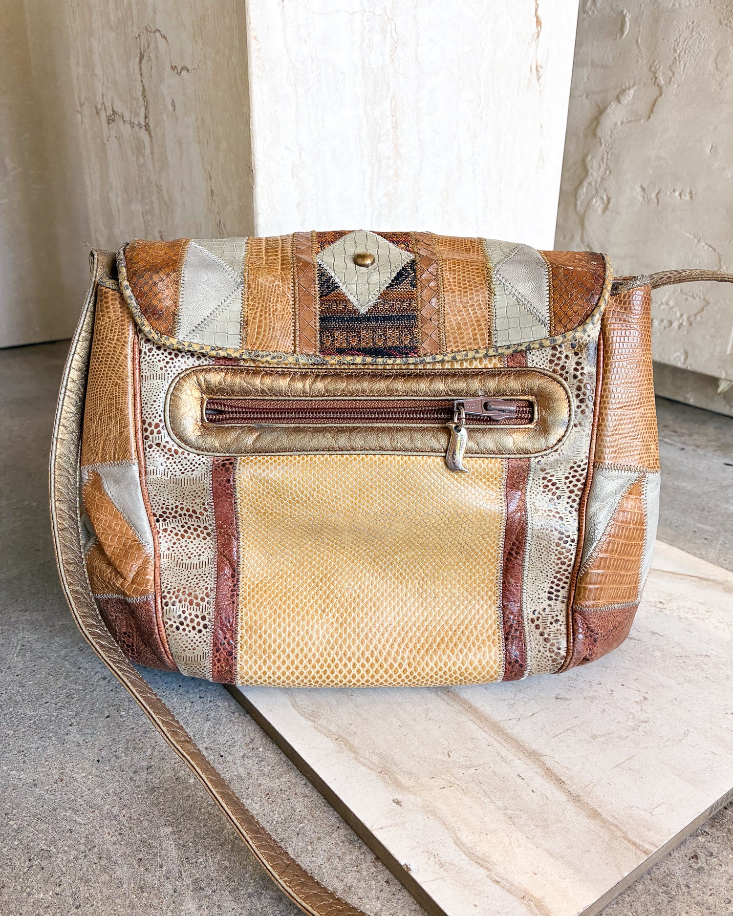 Vintage Tan Multicolor Patchwork Leather Shoulder Bag