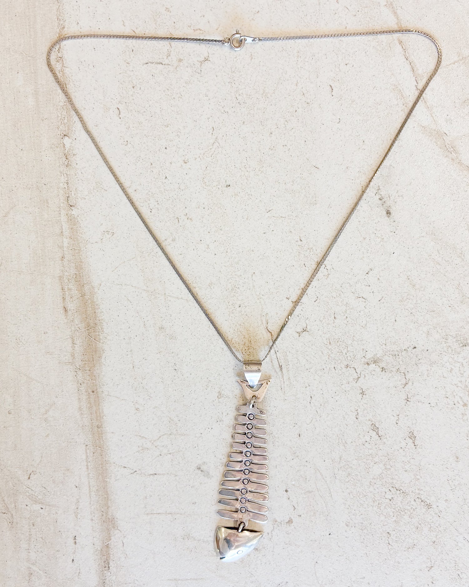 Vintage Sterling Silver fish skeleton pendant necklace