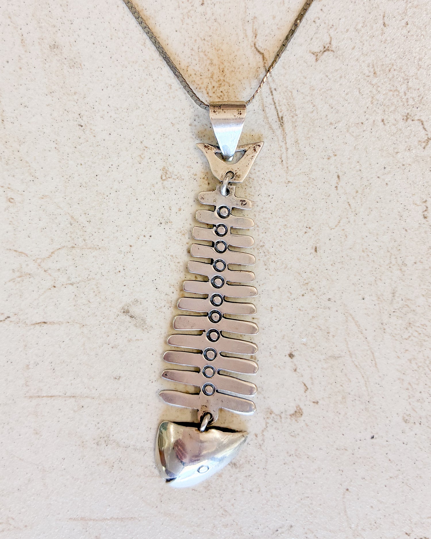 Vintage Sterling Silver fish skeleton pendant necklace