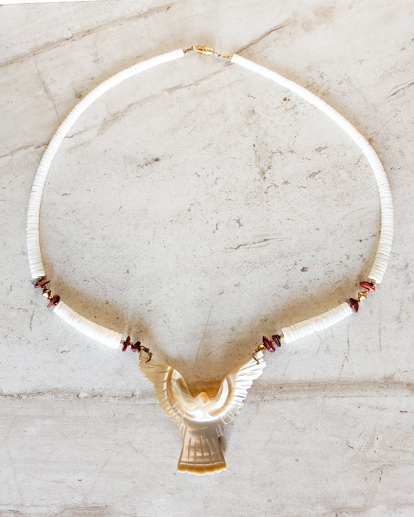 Vintage Carved Mother of Pearl Eagle Thunderbird Pendant Necklace