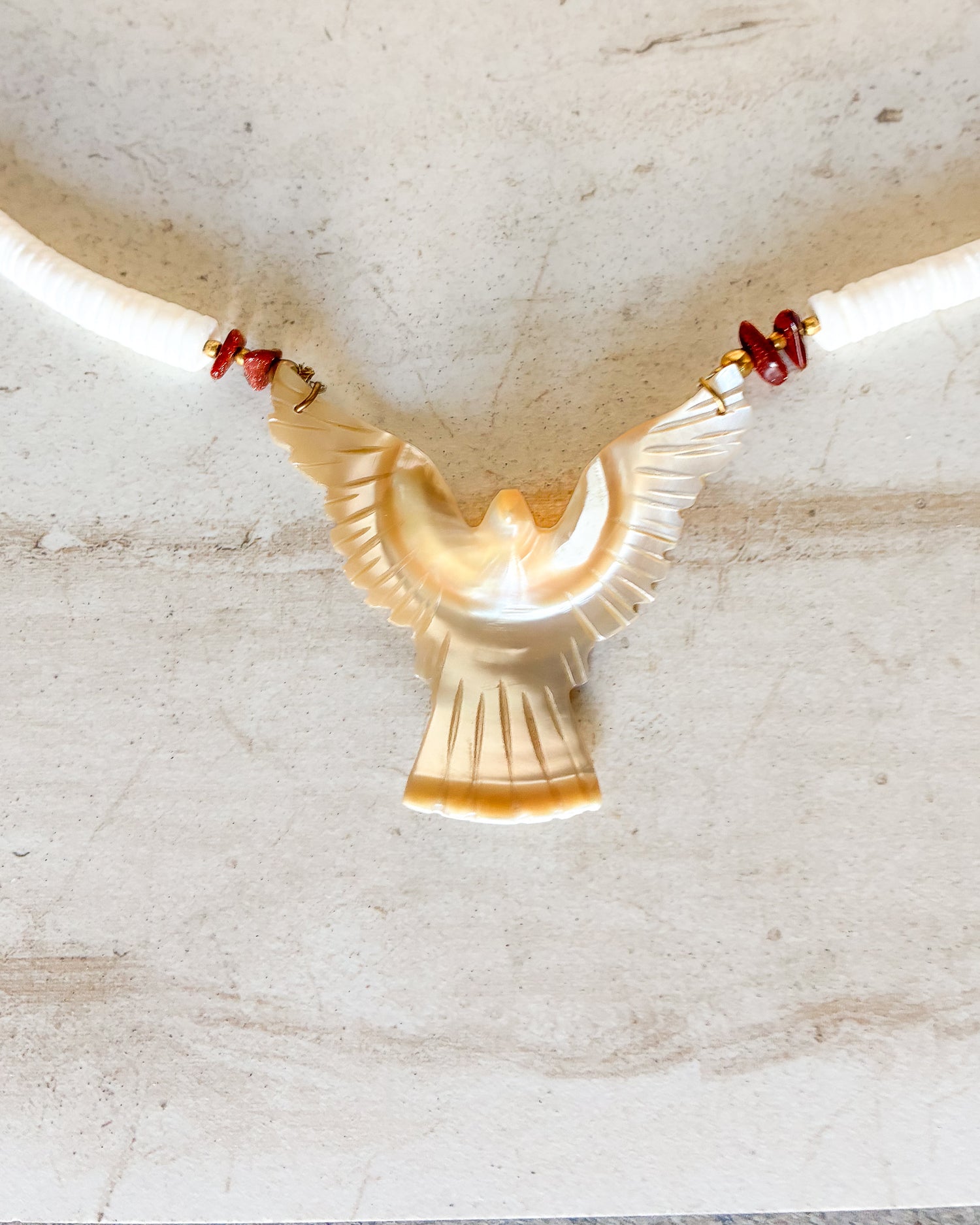 Vintage Carved Mother of Pearl Eagle Thunderbird Pendant Necklace
