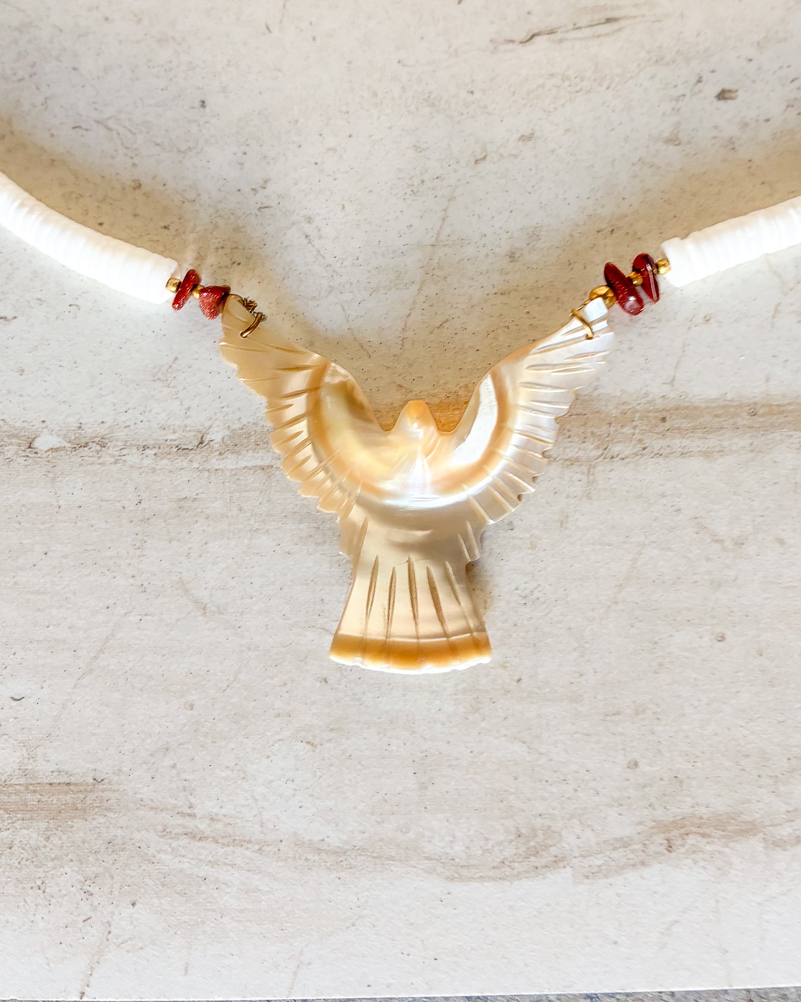 Vintage Carved Mother of Pearl Eagle Thunderbird Pendant Necklace