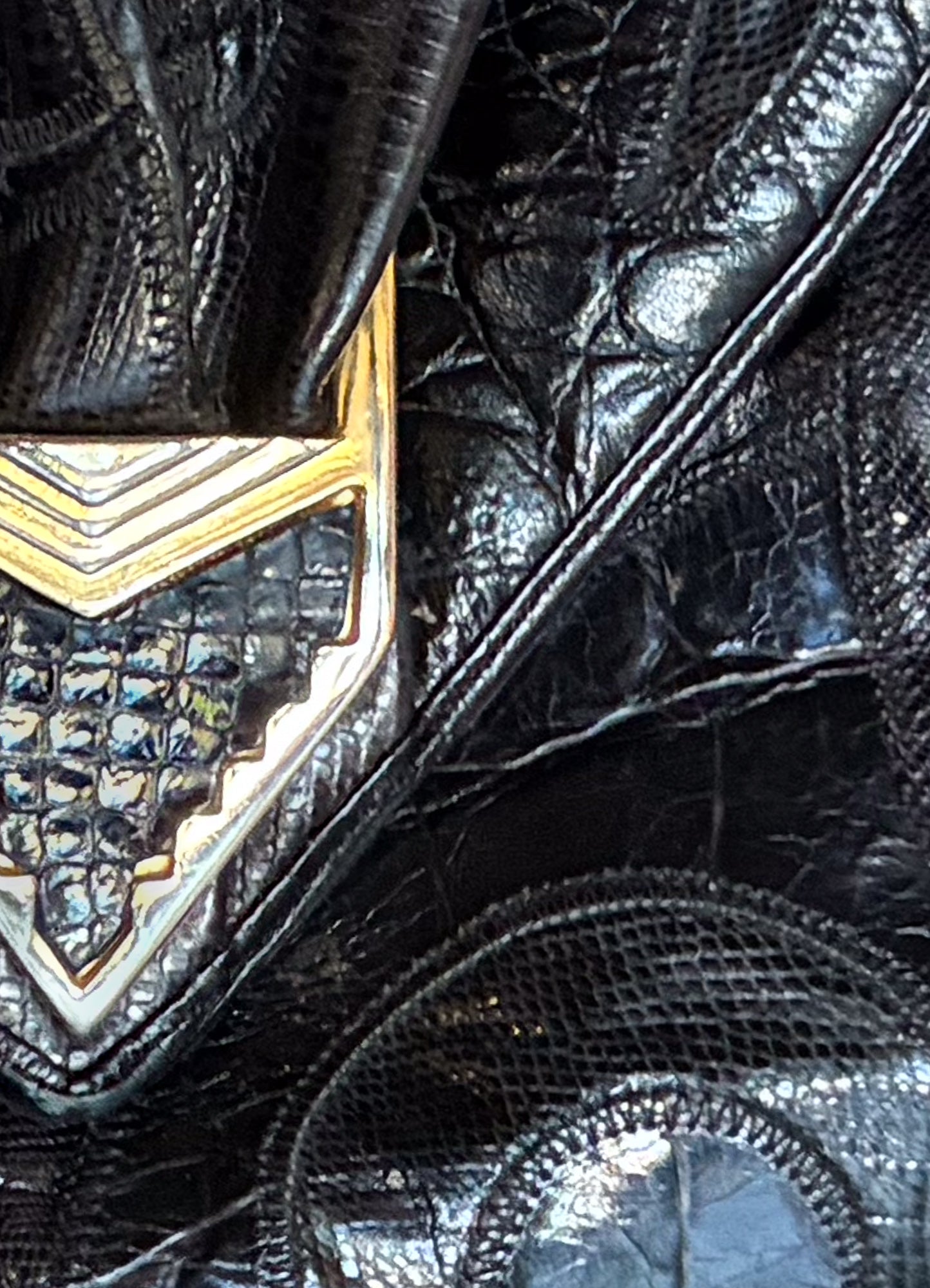 Vintage Black Leather 80’s Handbag Purse Patchwork Style Clutch Bag
