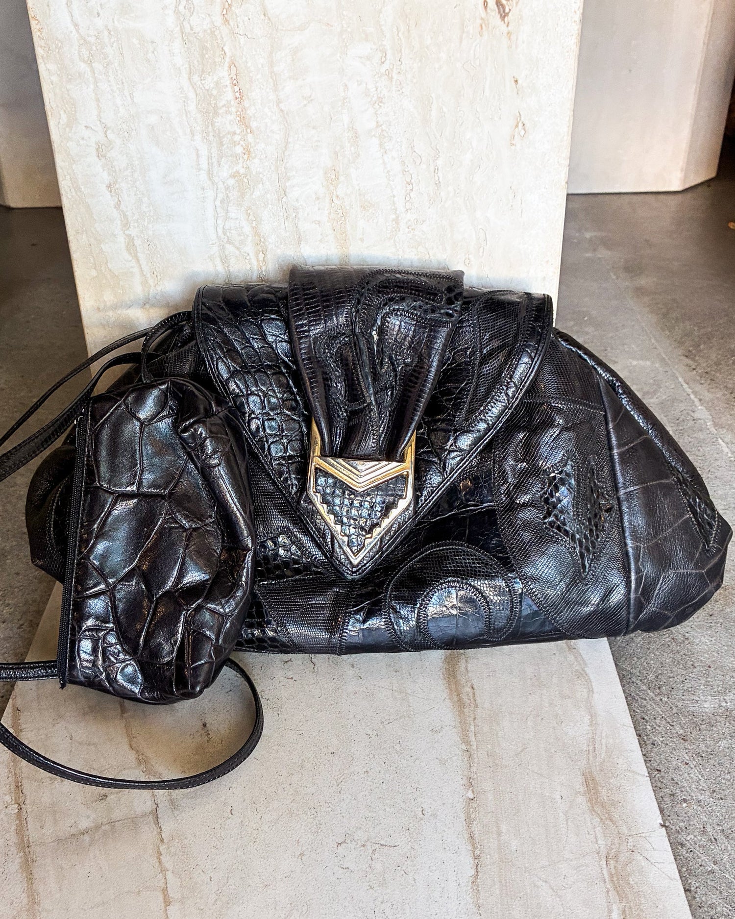 Vintage Black Leather 80’s Handbag Purse Patchwork Style Clutch Bag
