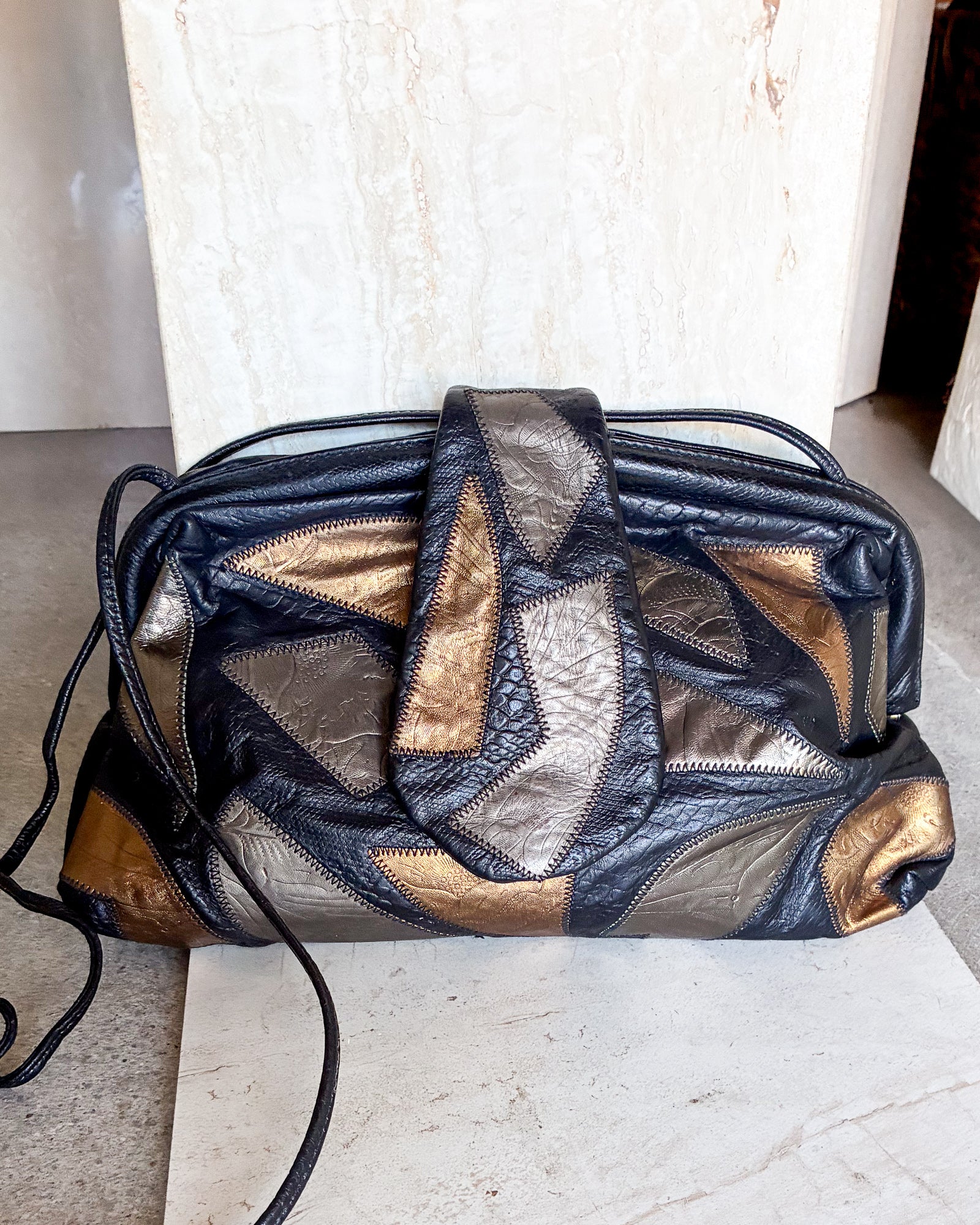 Vintage Metallic Black Patent-Leather Patchwork Bag