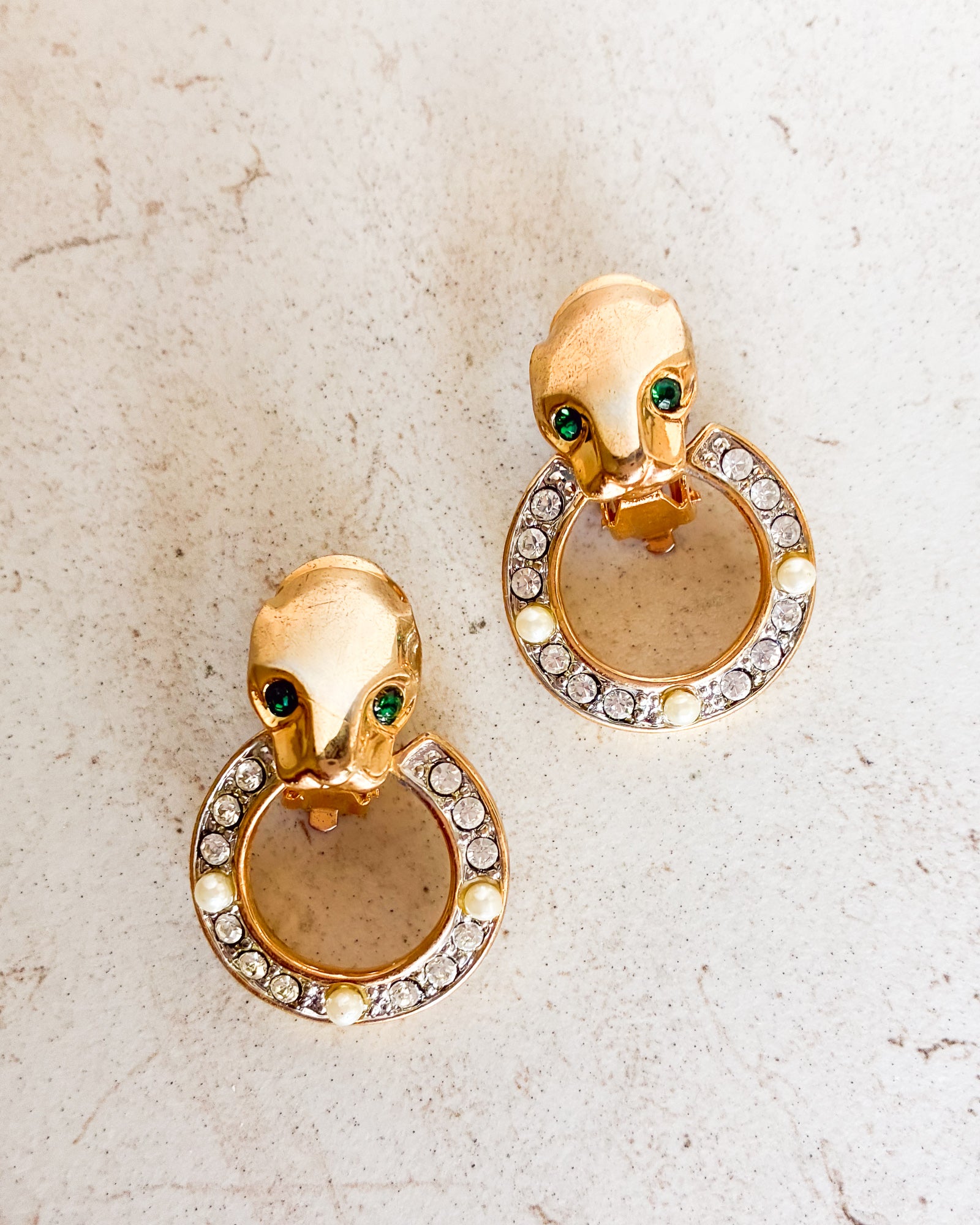 Vintage Panther Hoop Rhinestone Pearl Gold Clip On Earrings