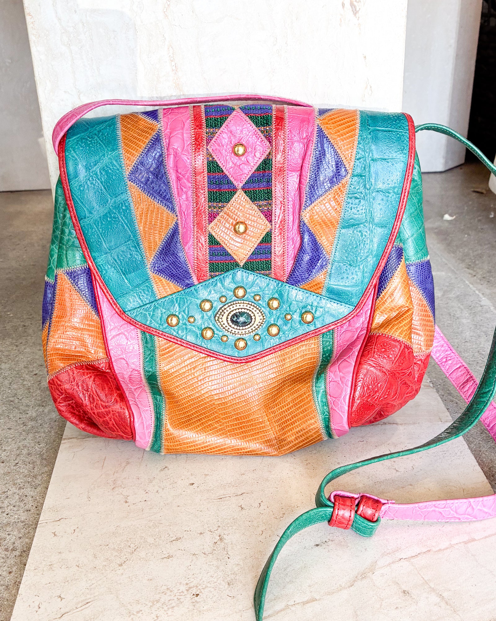 Vintage Multicolor Patchwork Leather Shoulder Bag