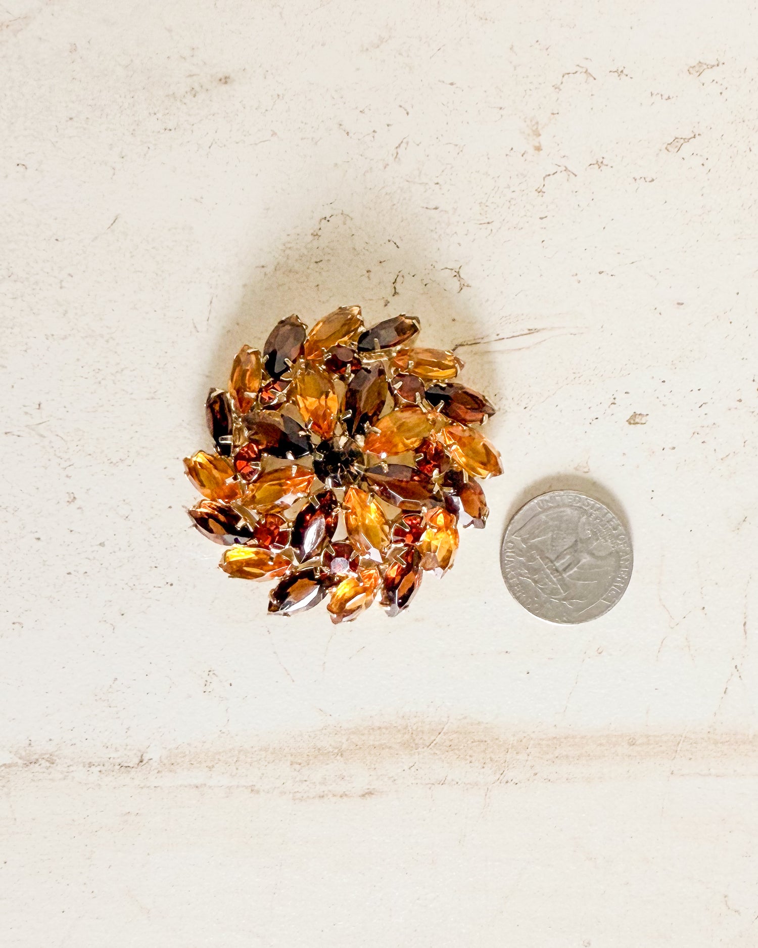 Vintage Amber & Brown Rhinestone Brooch