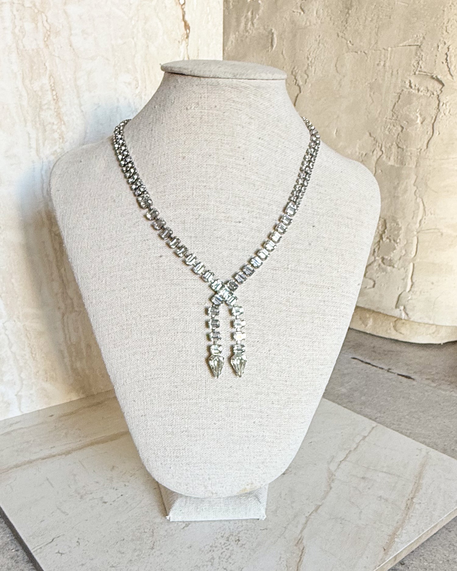 Vintage Rhinestone Bow Drop Necklace