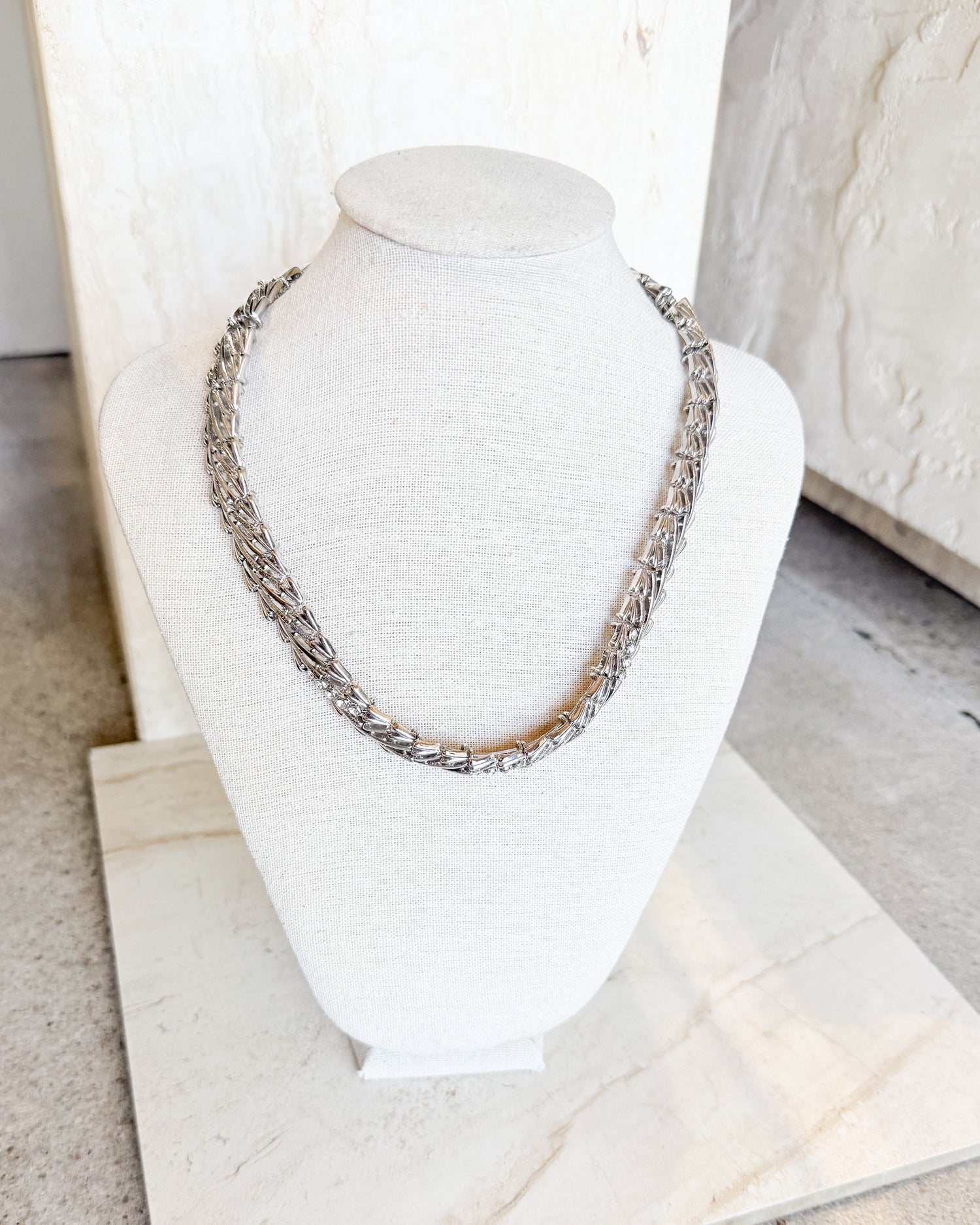 Vintage Signed Crown Trifari Brutalist Rhodium Plated Choker