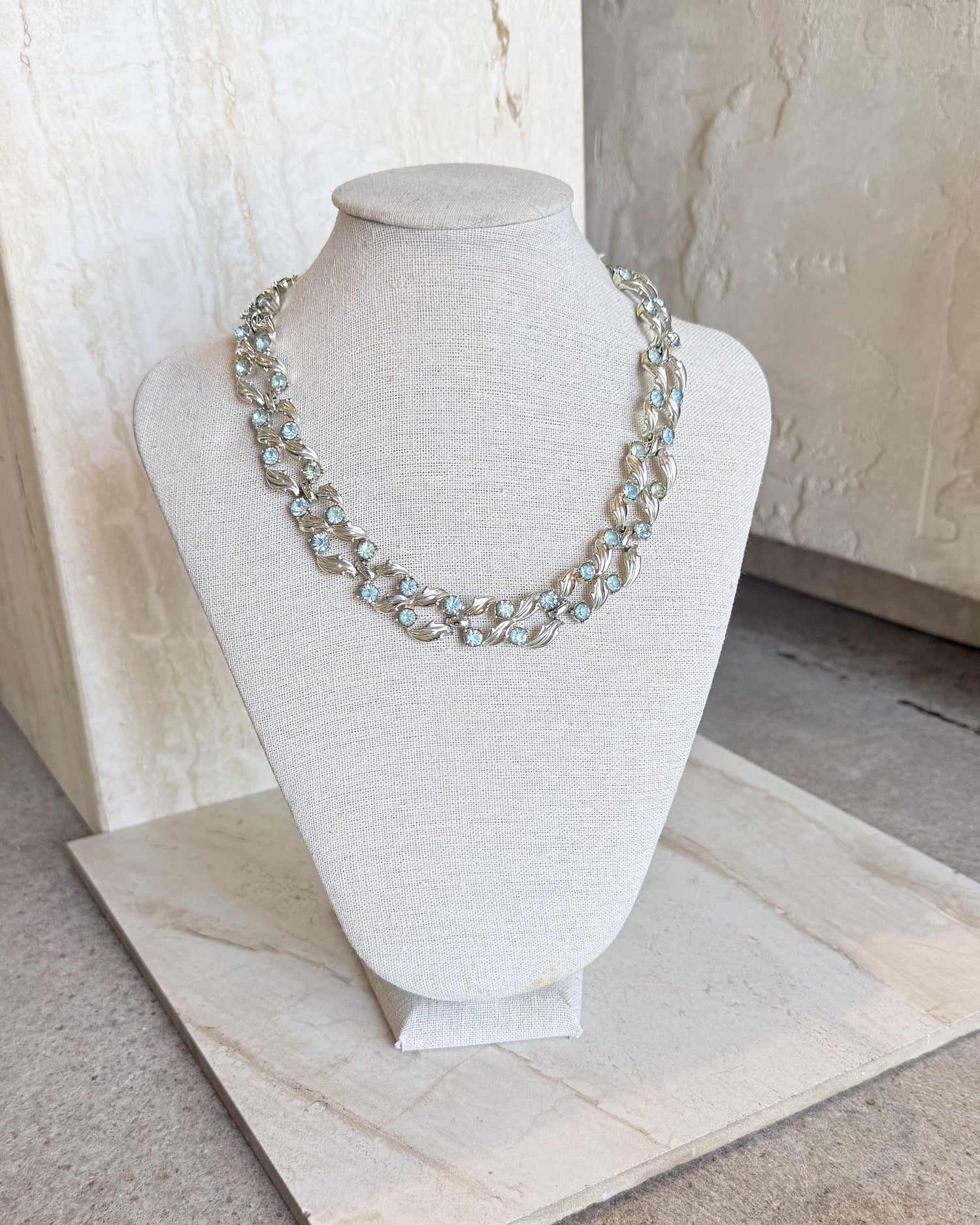 Vintage Coro Baby Blue Rhinestone and Silver Leaves Garland Necklace