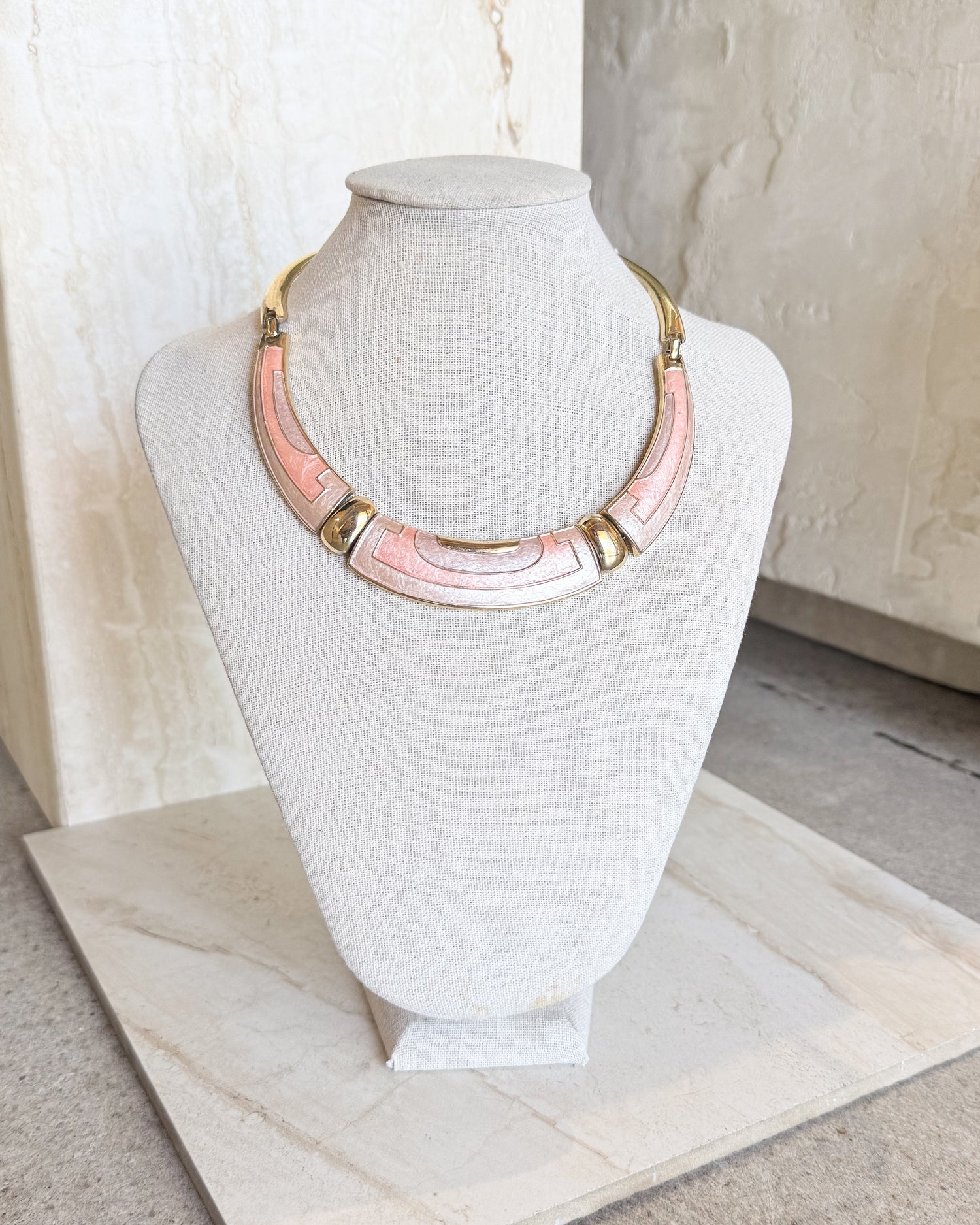 Vintage Peach and Gold Enamel Necklace Signed
