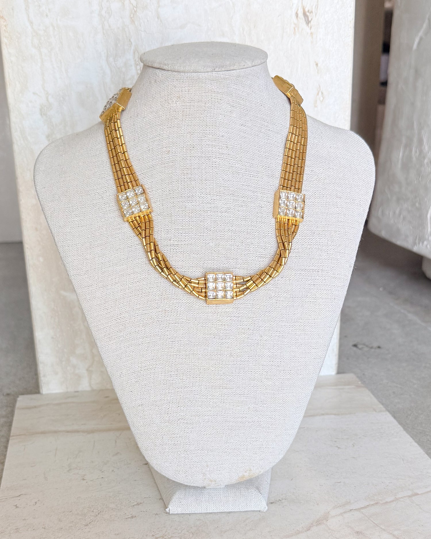 Vintage signed  multi strand Geometric Diamond Collar Necklace