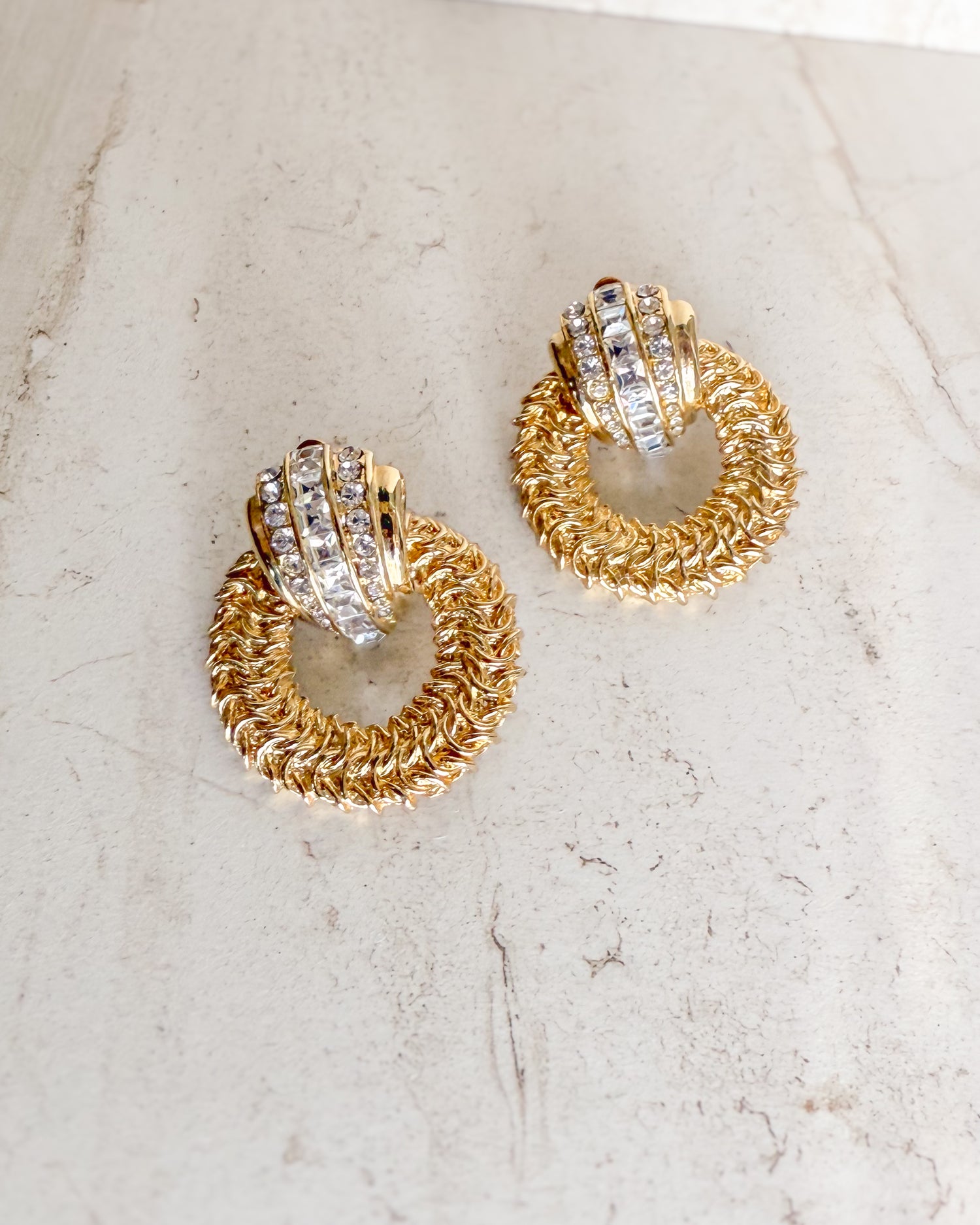 Vintage Crystal Ribbed Gold Plated Byzantine Door Knocker Clip On Earrings