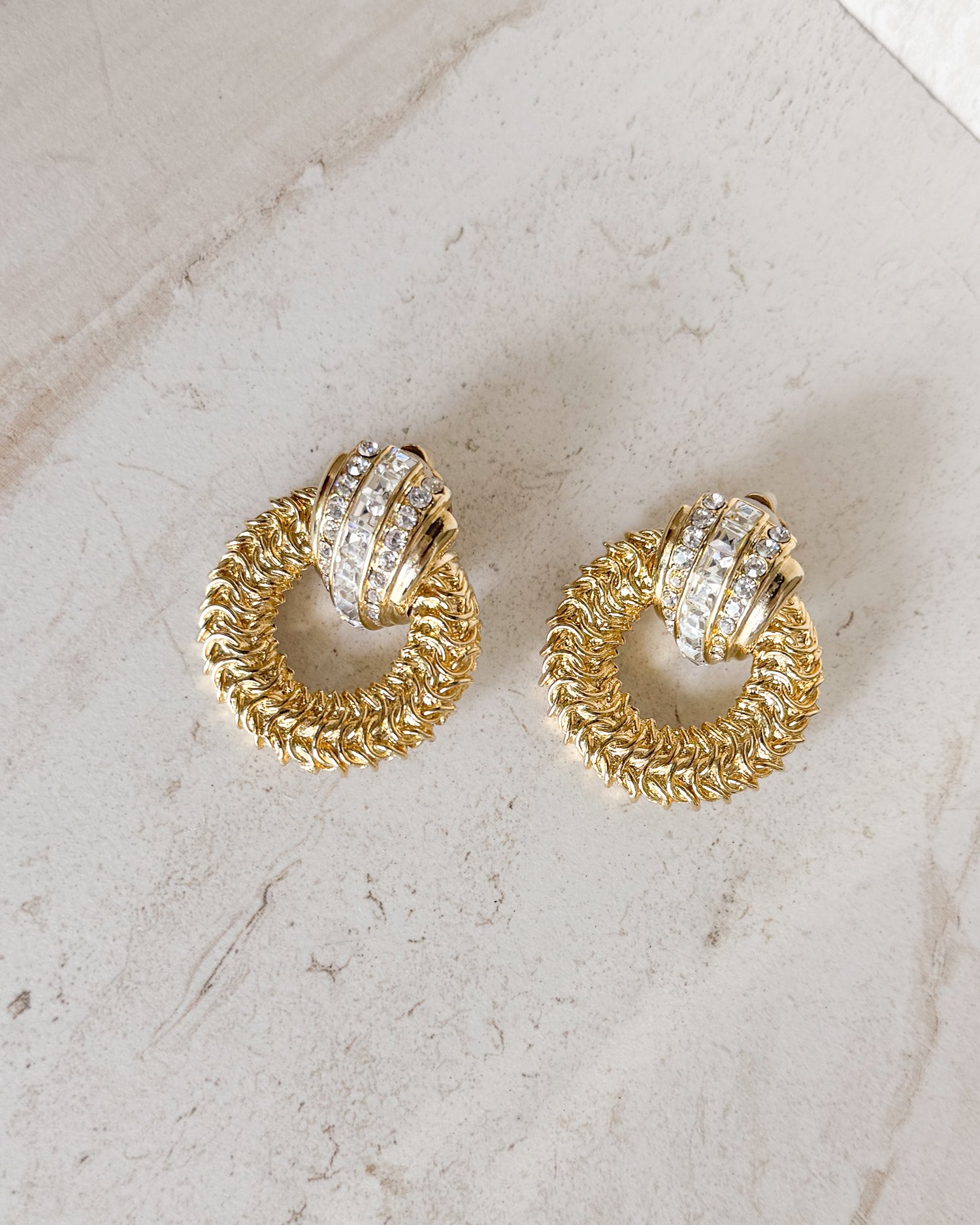 Vintage Crystal Ribbed Gold Plated Byzantine Door Knocker Clip On Earrings