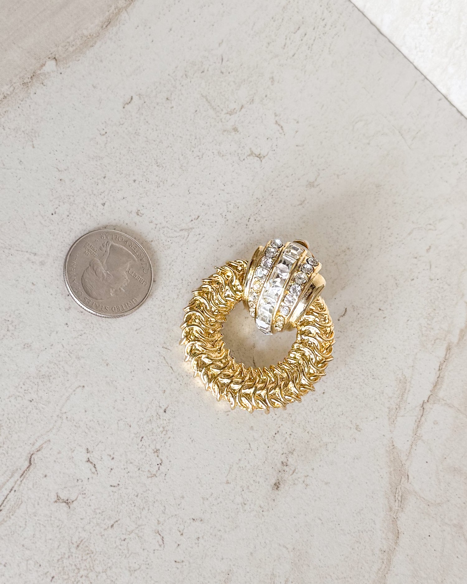 Vintage Crystal Ribbed Gold Plated Byzantine Door Knocker Clip On Earrings