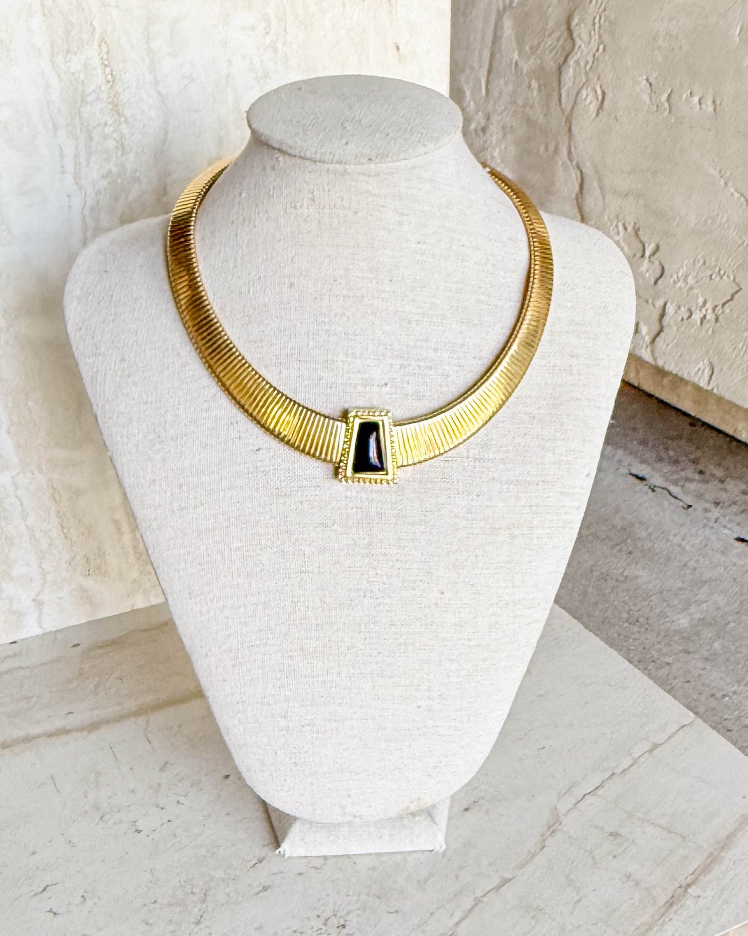 Vintage Signed Black Stone Omega Necklace