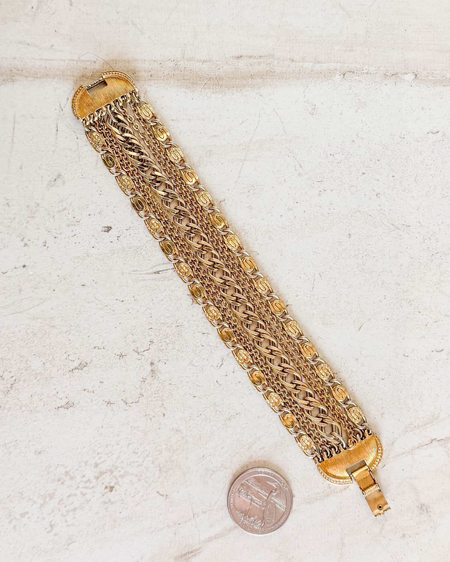 Vintage Signed Gold Tone Five Chain Box Clasp Bracelet