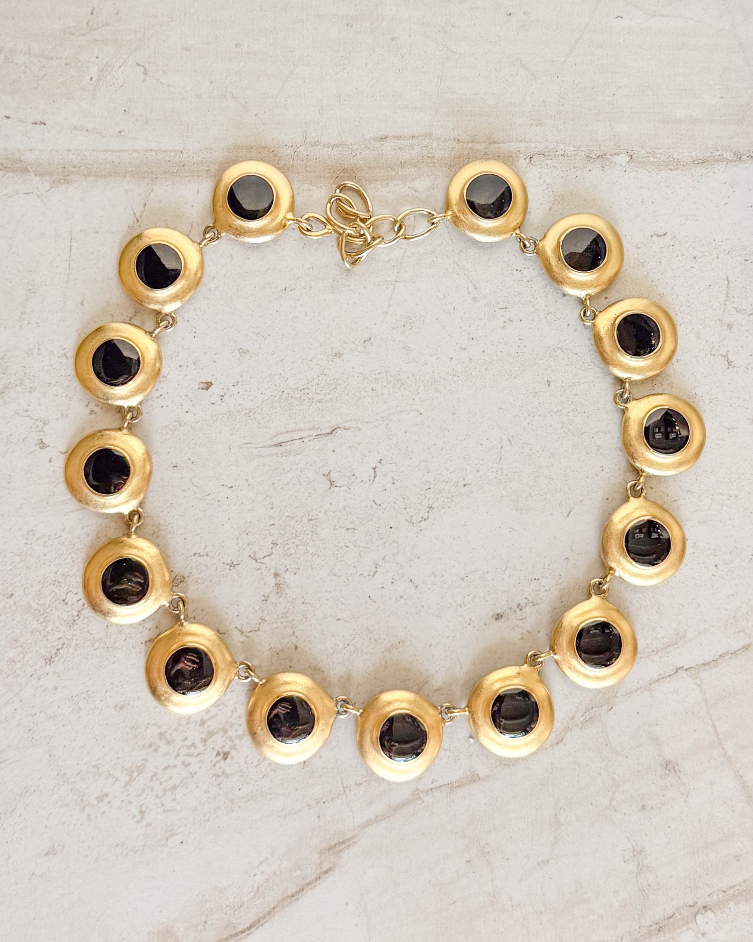 Vintage Signed  BLACK ENAMEL Gold Collar Necklace