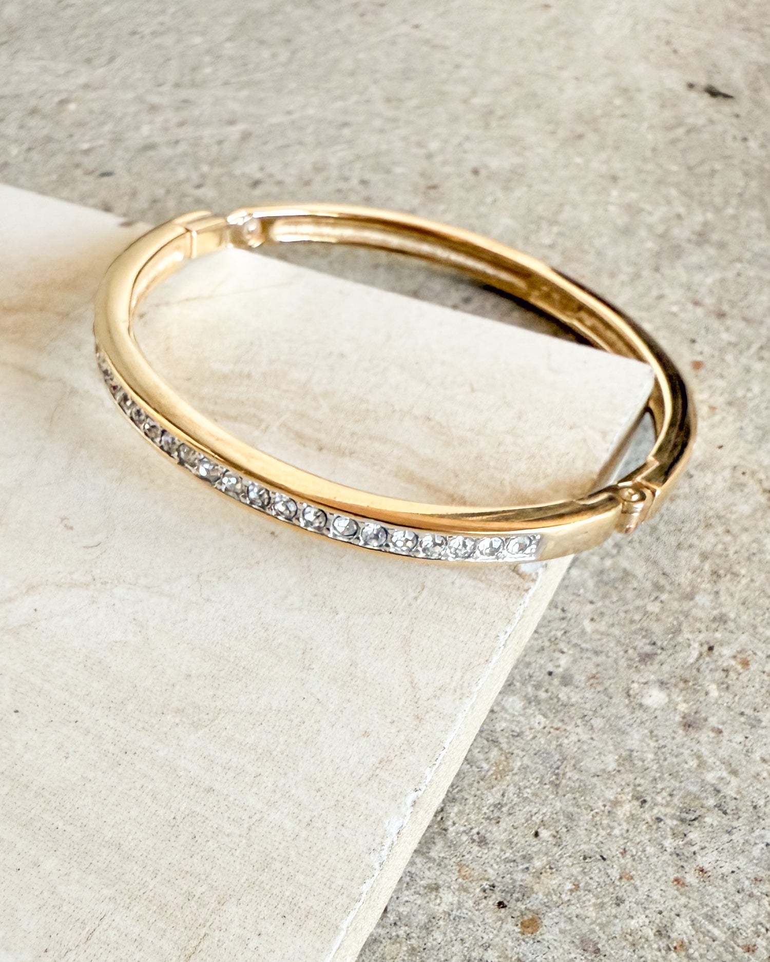 Vintage Signed Gold plated Steel And Shiny Stones Bangle Bracelet