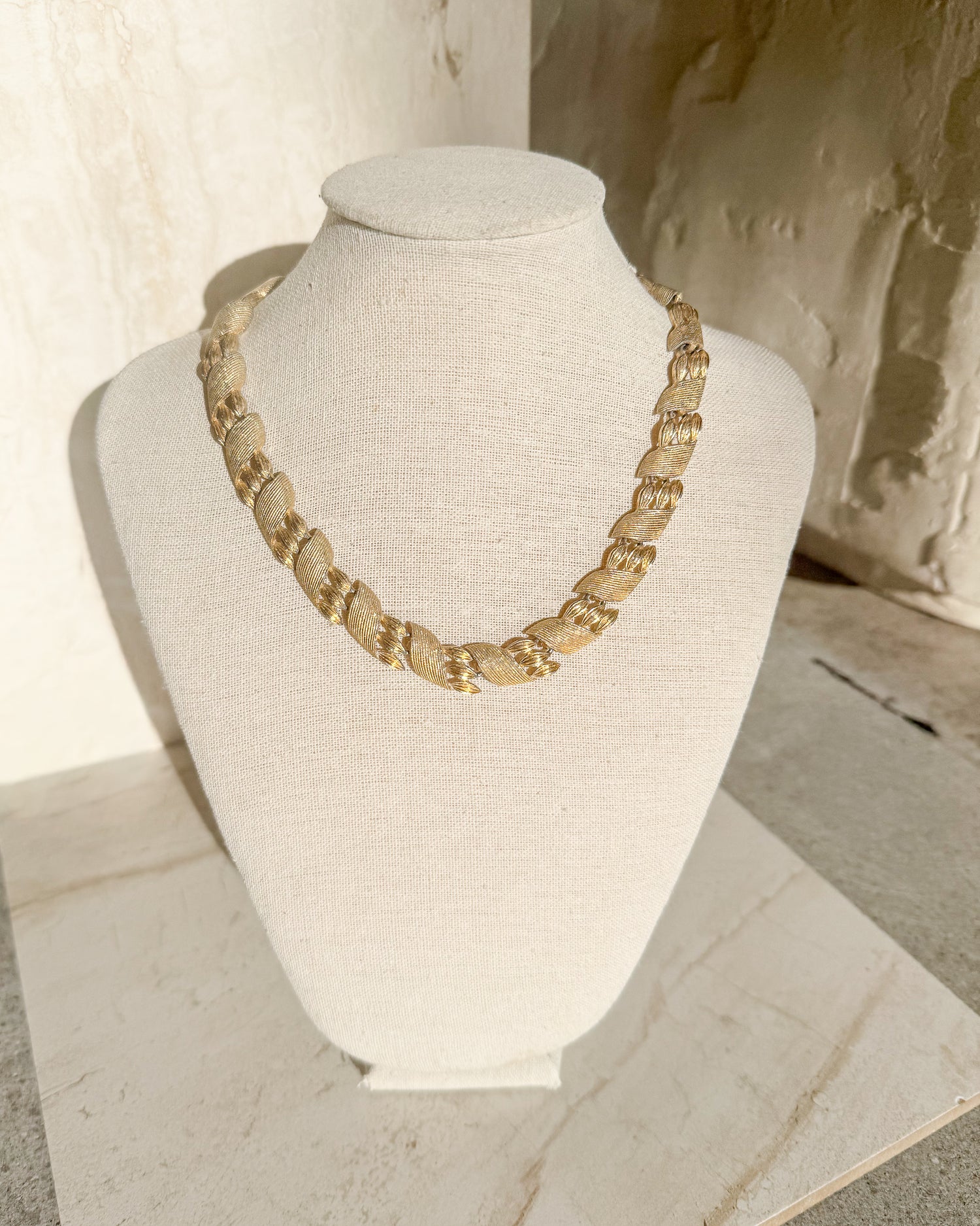 Vintage Signed Bar+ beads Textured Gold Collar Necklace