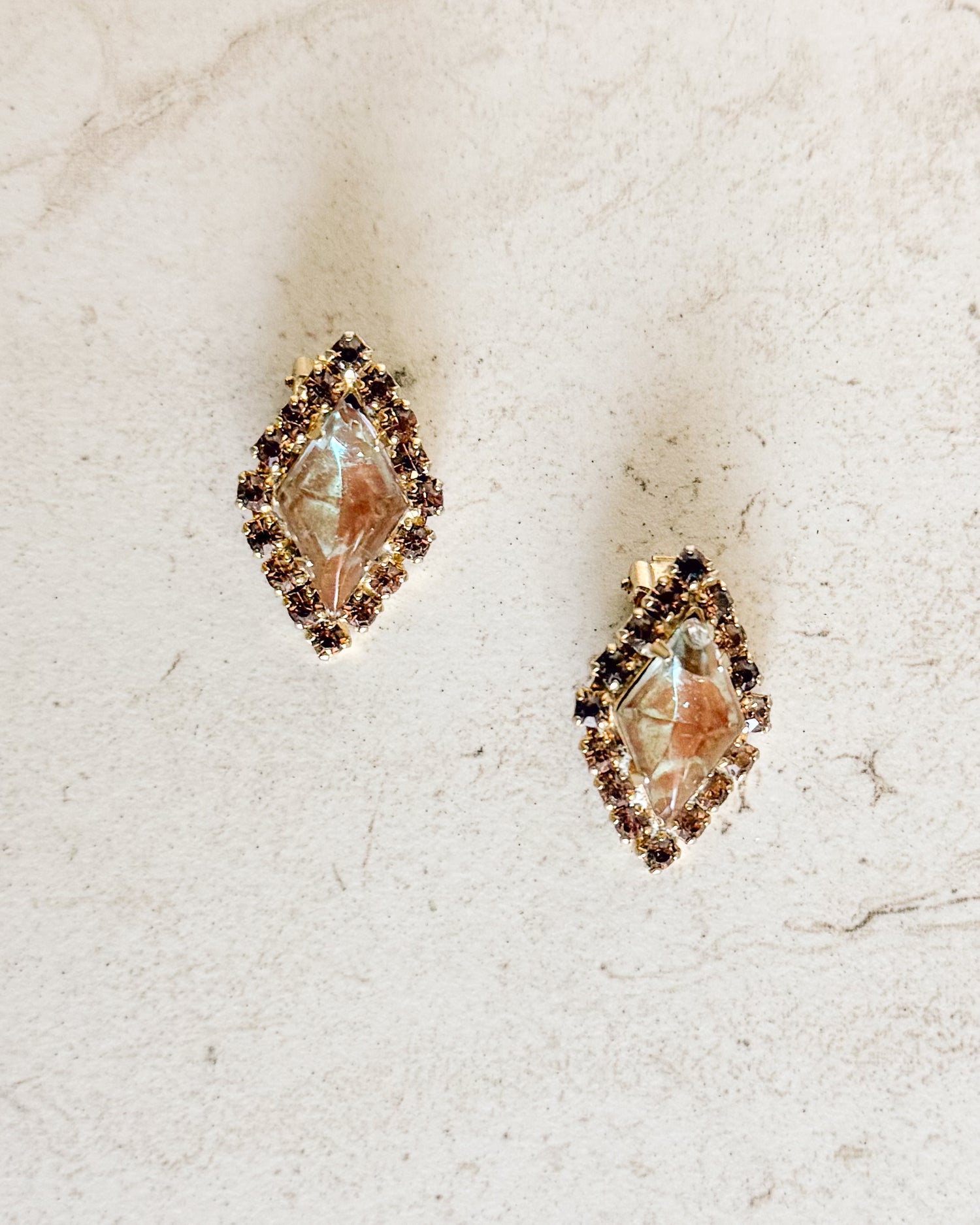 Vintage Gold-Tone Topaz and Amber Rhinestone Clip Earrings