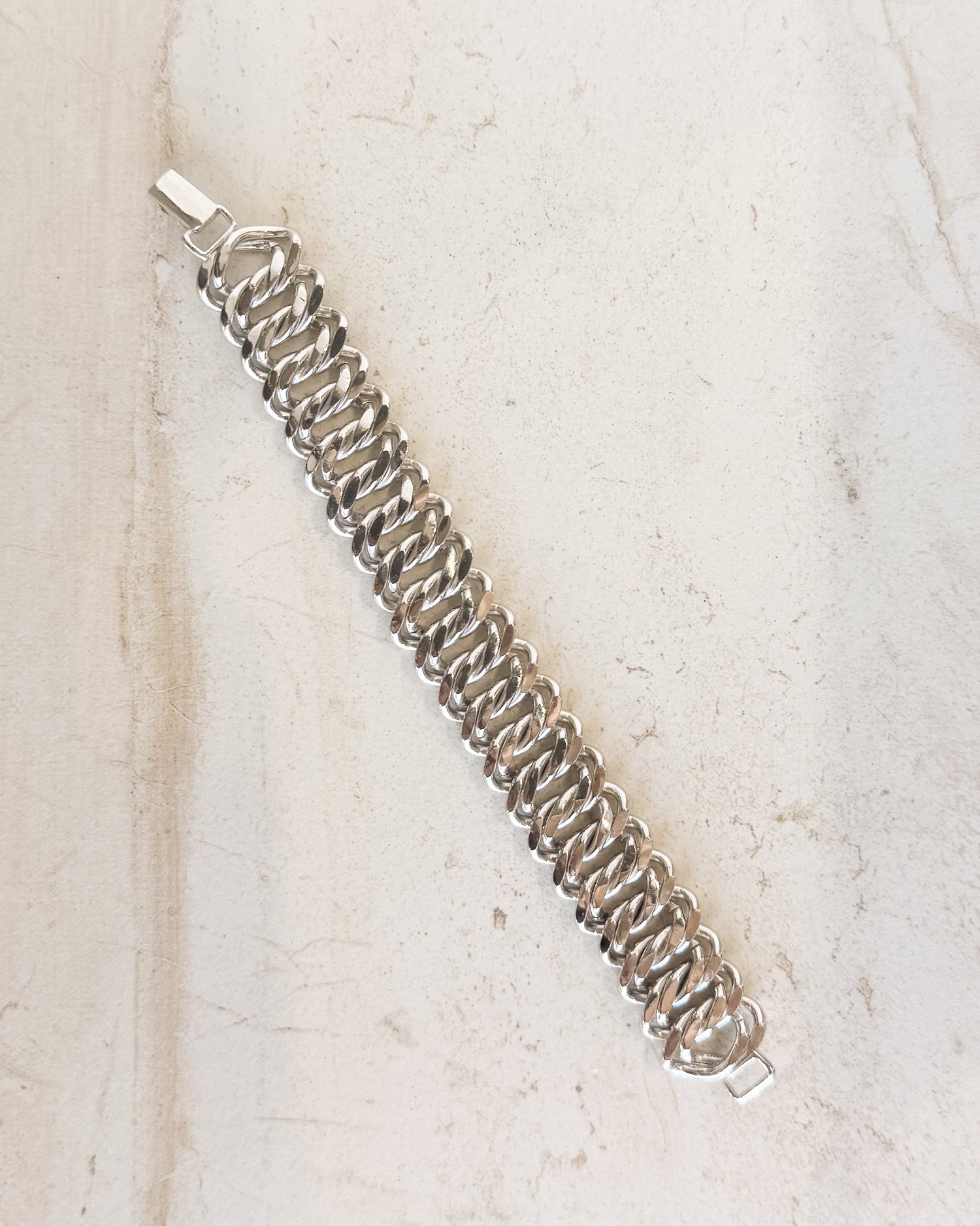 Vintage Signed Silver Tone Chain Link Panel Bracelet signed