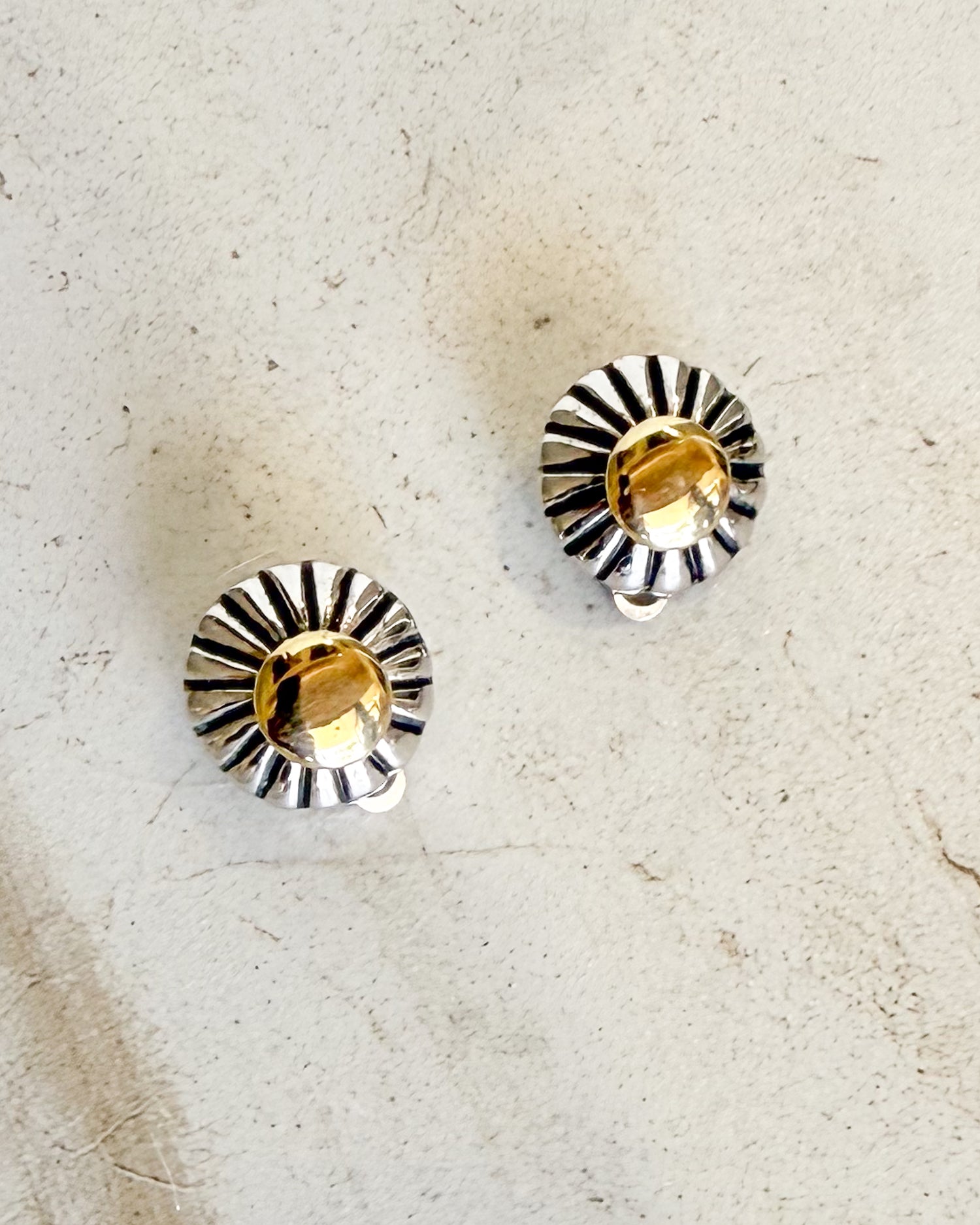 Vintage Signed Yellow Gold & Sterling Silver Signed Dome Clip Earrings