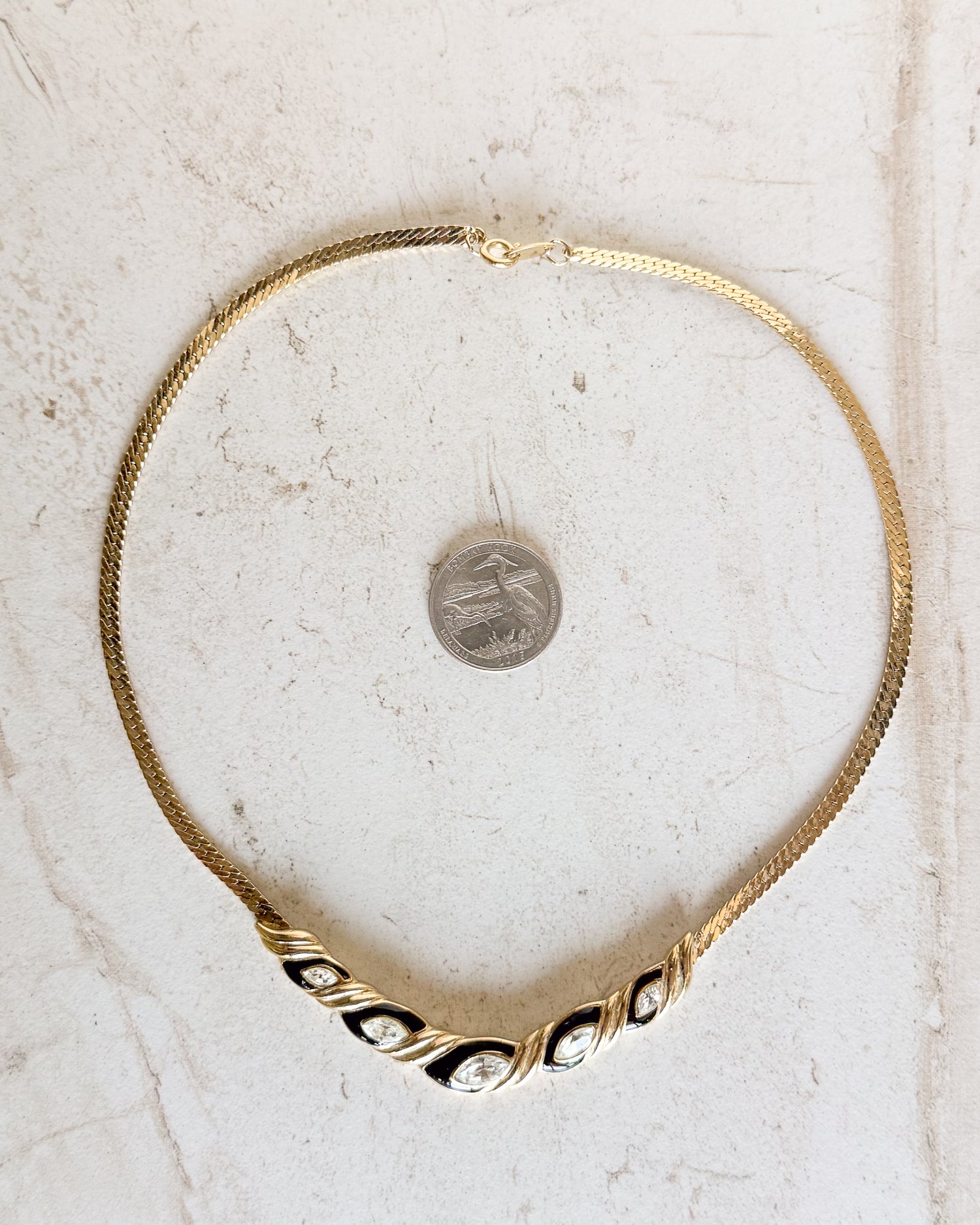 Vintage Signed black enamel, clear rhinestone necklace