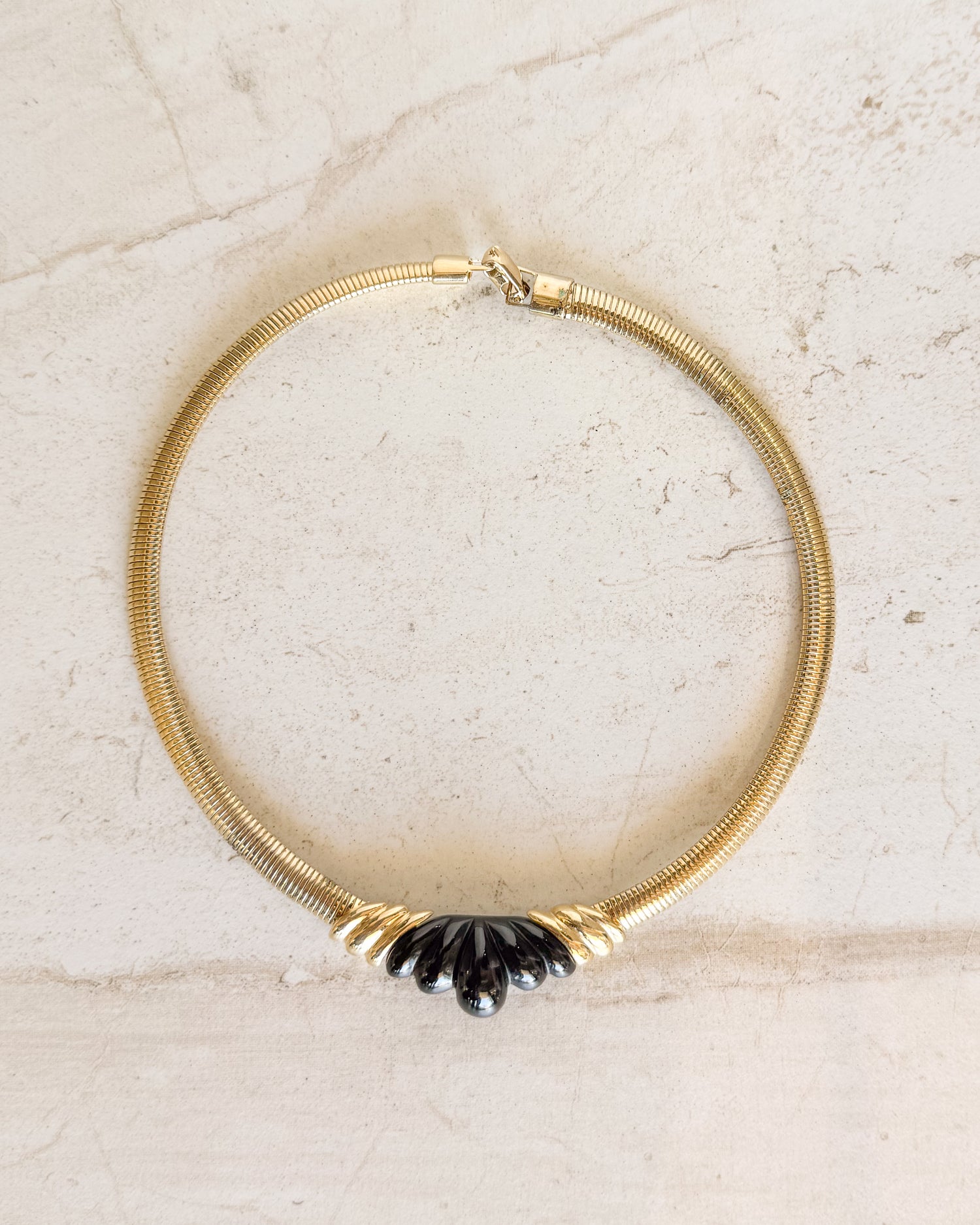 Vintage Signed Gold Filled Black Bakelite Omega Chain Necklace