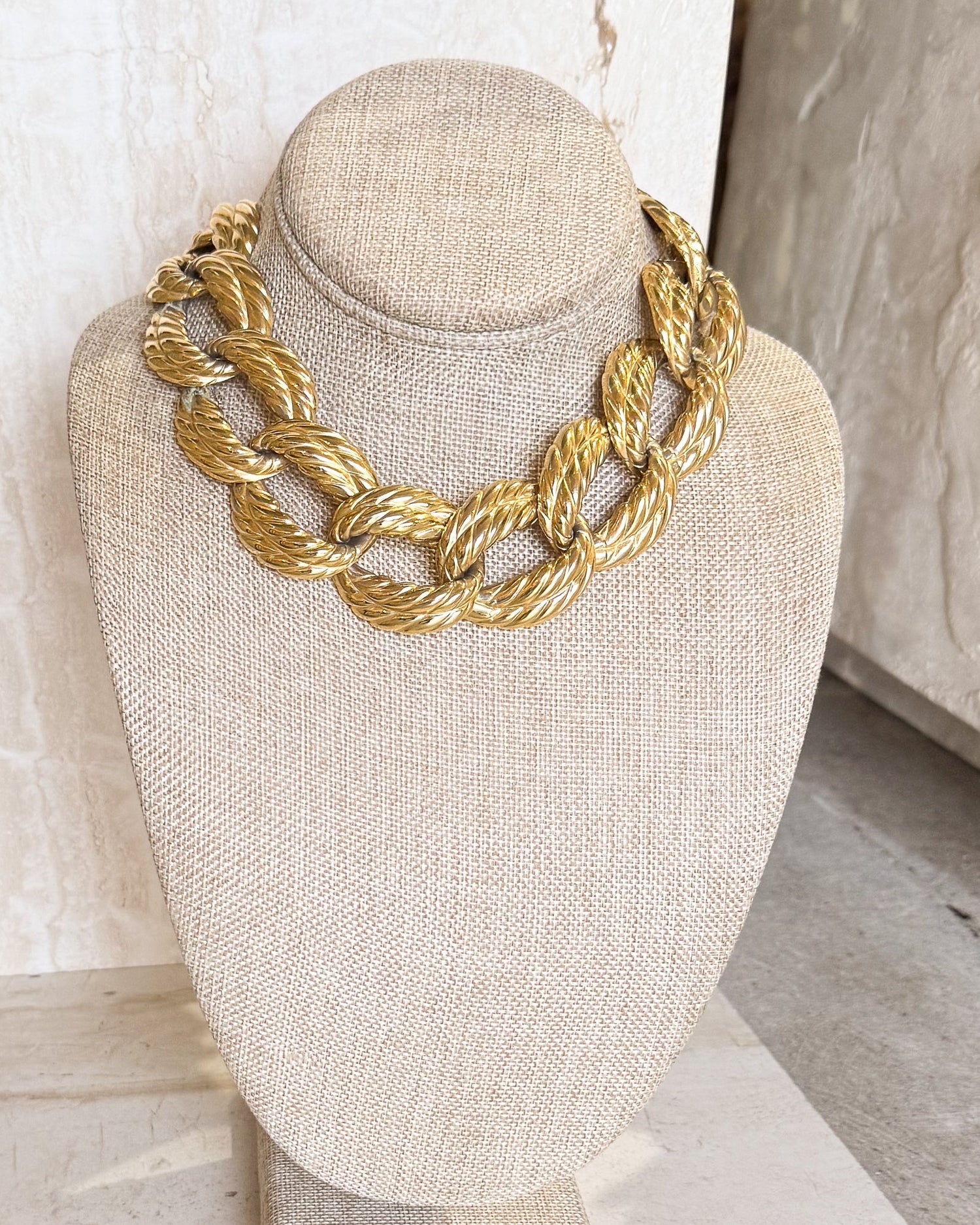Vintage Signed Chunky Gold Plated Rope Link Necklace