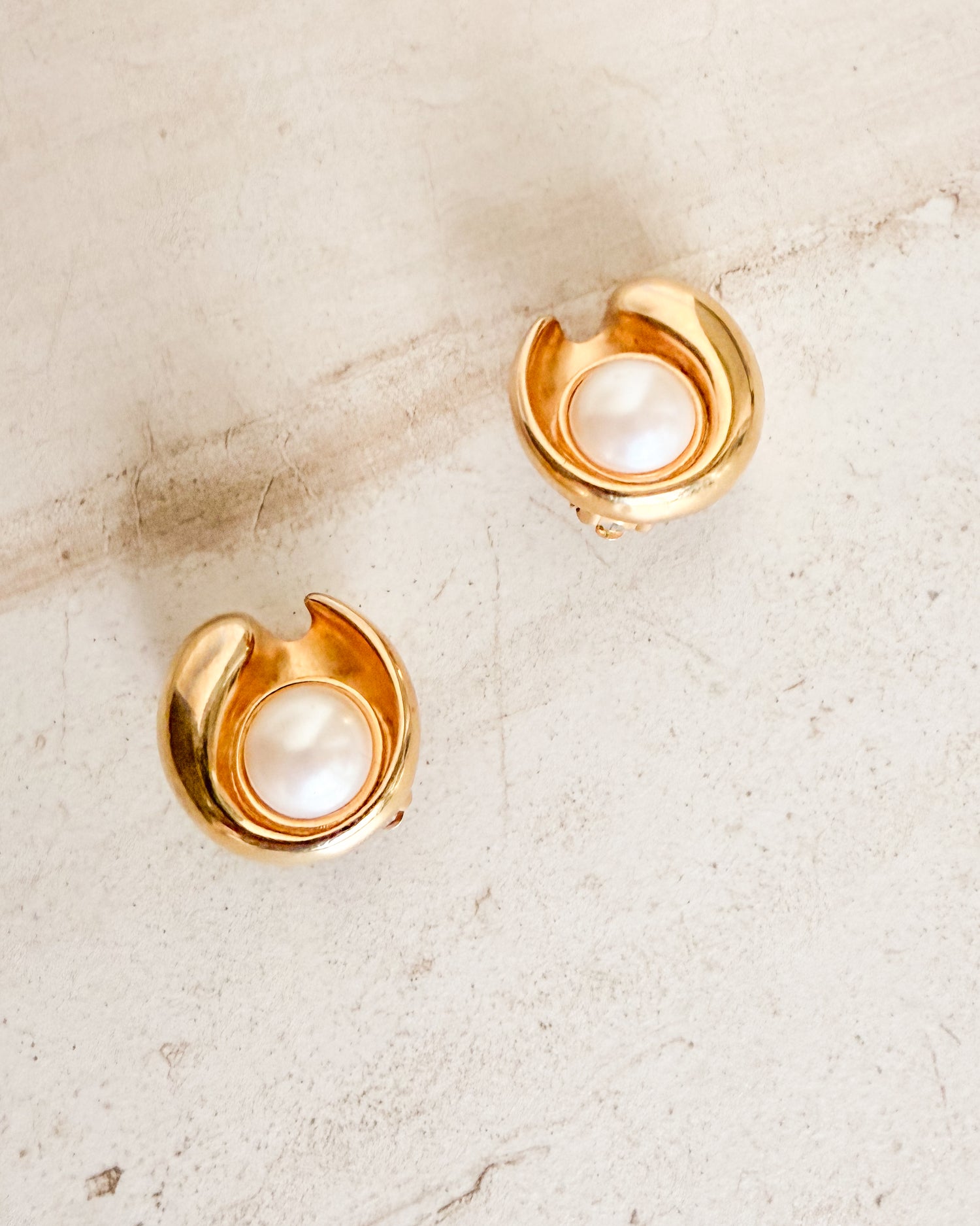 Vintage Signed Polished Gold Tone Swirl Clip On Earrings with Dome Pearl Center