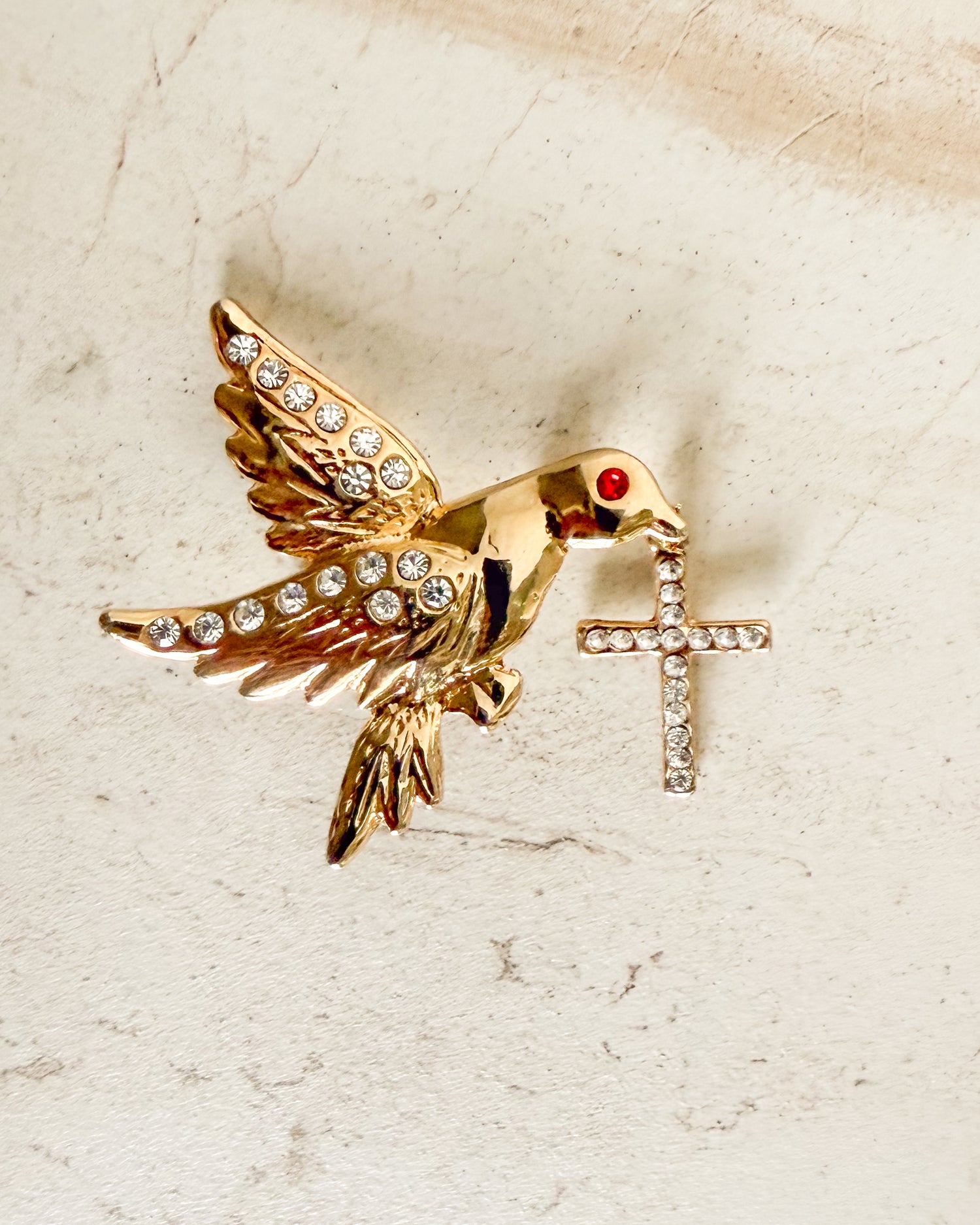 Vintage Gold Dove Red Eye Bird with Cross Brooch