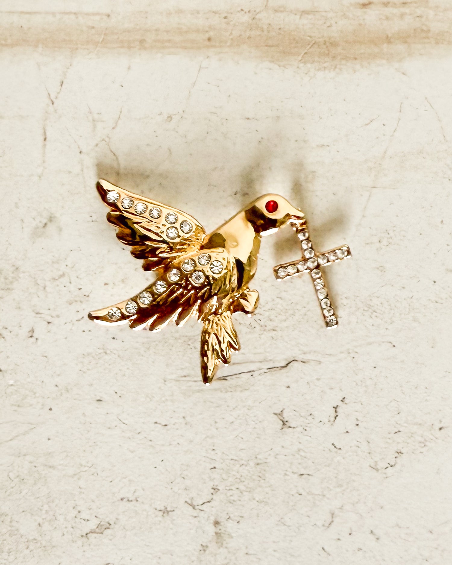 Vintage Gold Dove Red Eye Bird with Cross Brooch