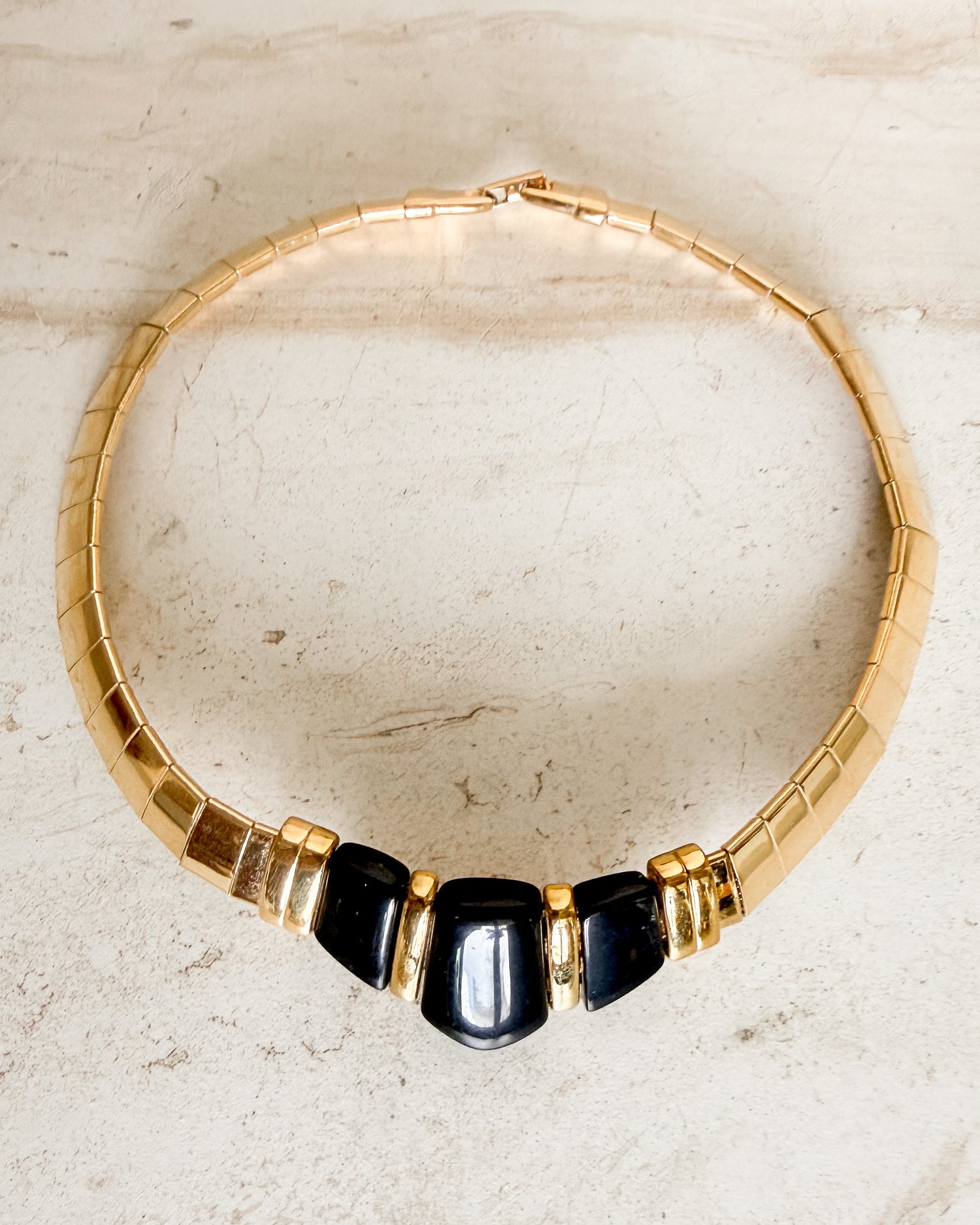 Vintage Signed Gold Band Collar Choker Black Necklace