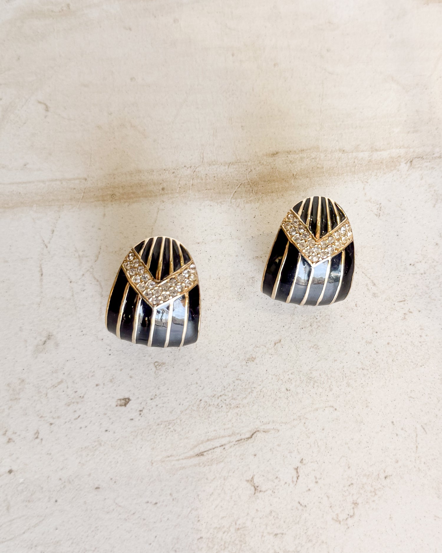 Vintage Gold Tone Black Enamel Striped Rhinestone Clip-On Earrings