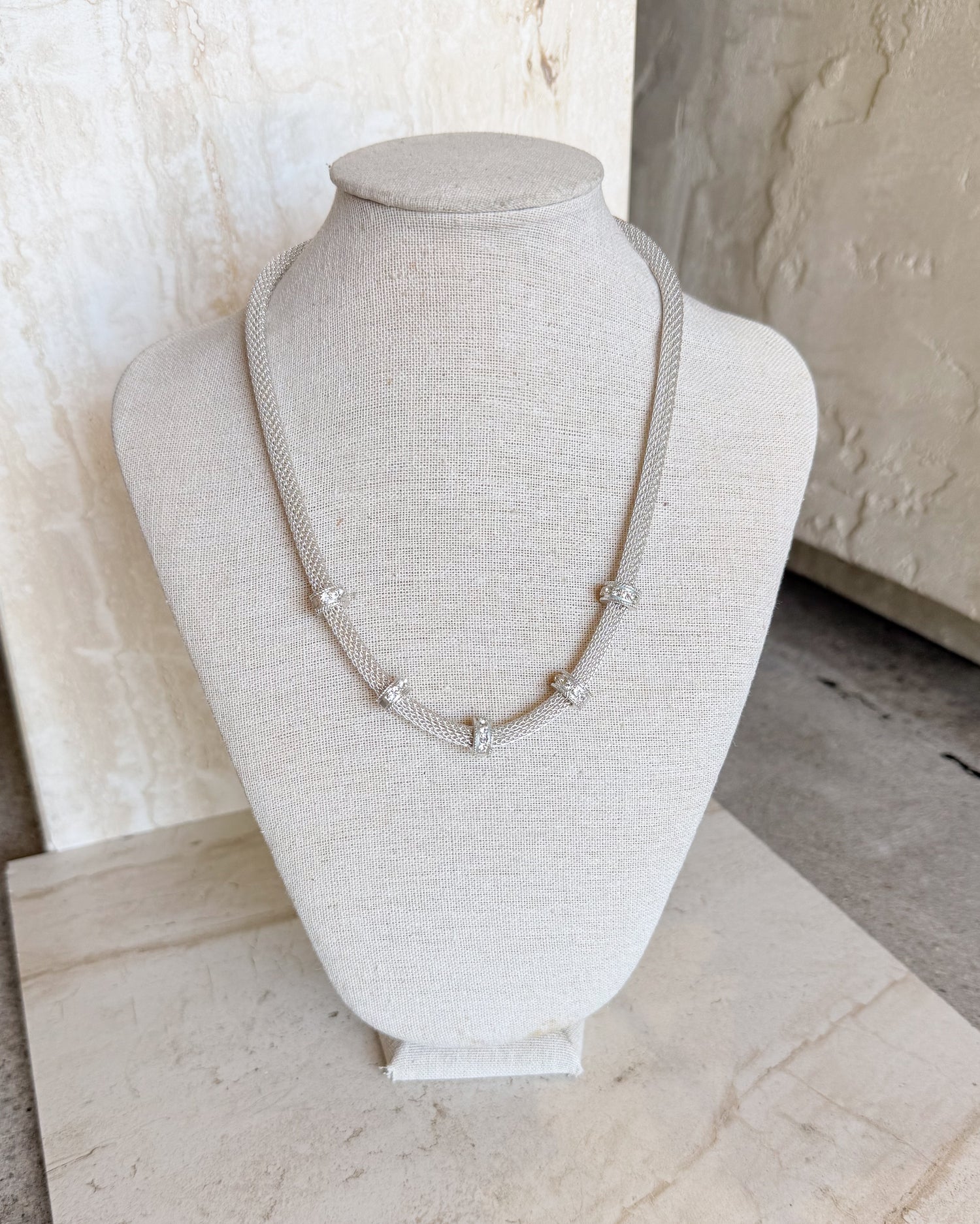 Vintage Signed Rhinestone Mesh Link Chain Necklace