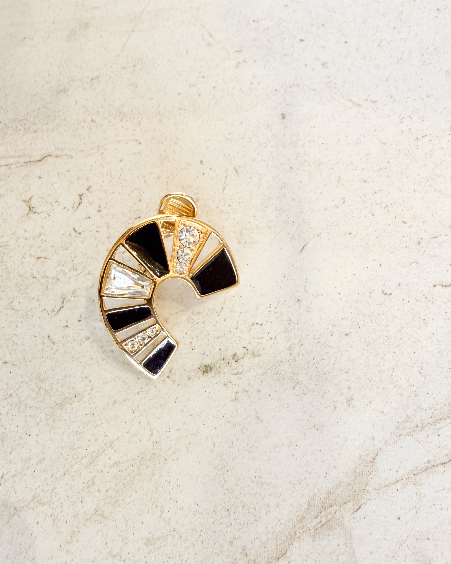 Vintage Art Deco Fan with Black white Crystals Clip On Earrings