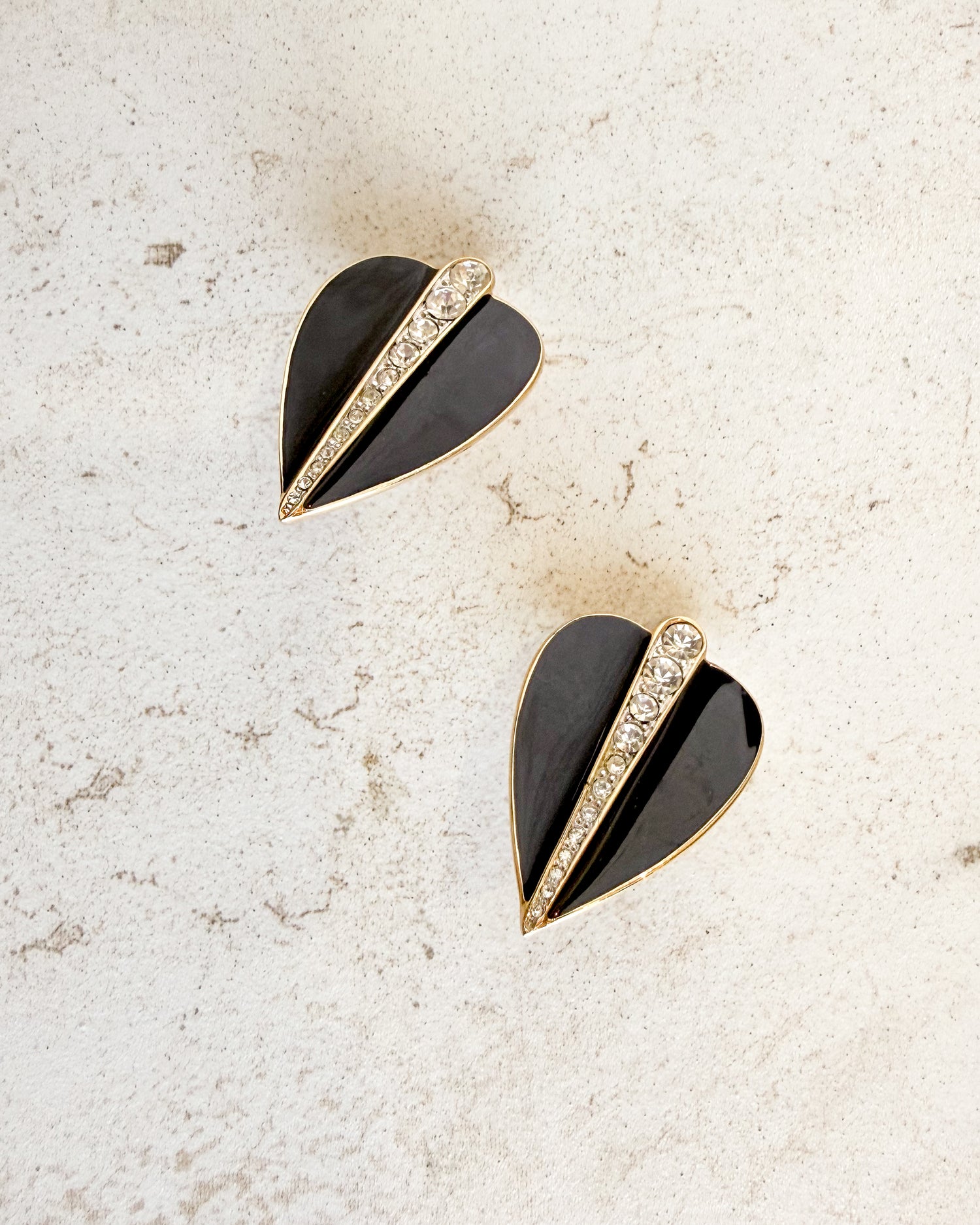 Vintage Signed Black Enamel Leaf Rhinestone Clip-on Earrings